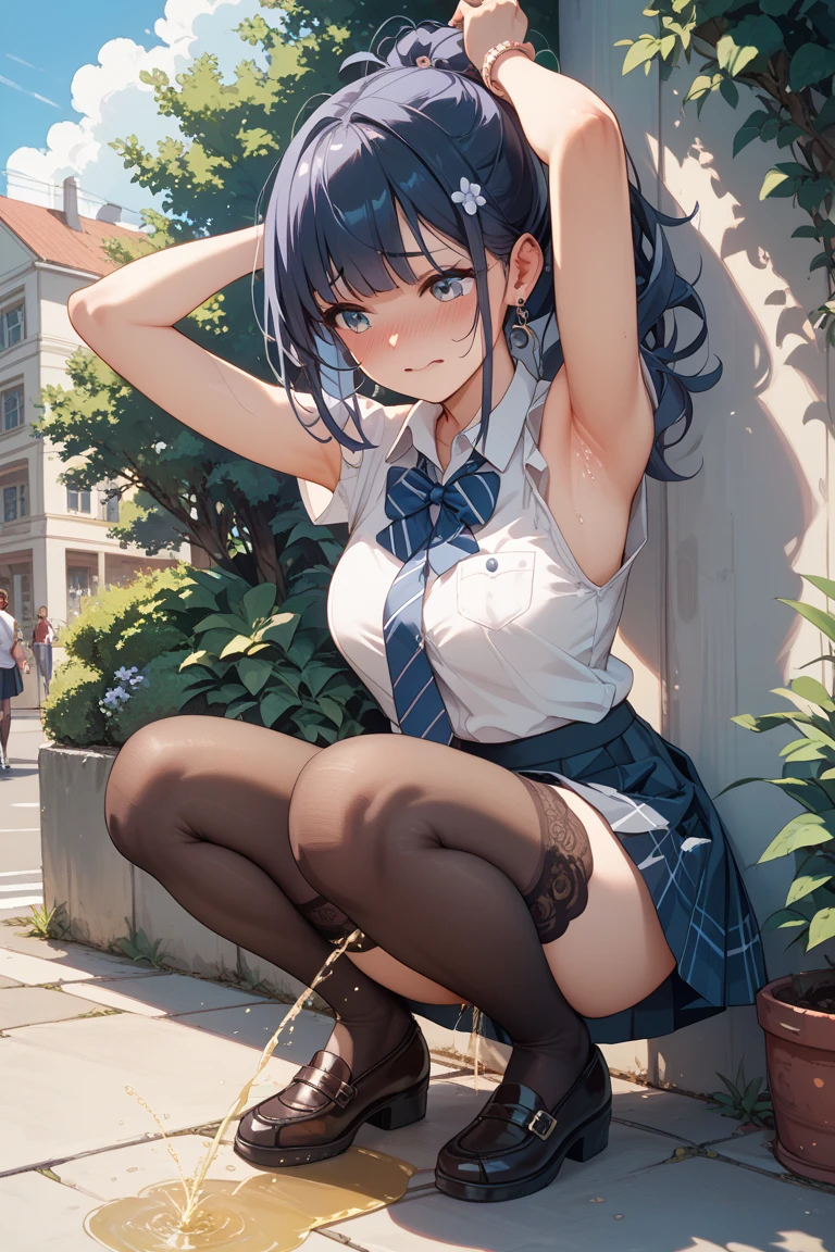 A female junior high school student rubbing her breasts and laughing