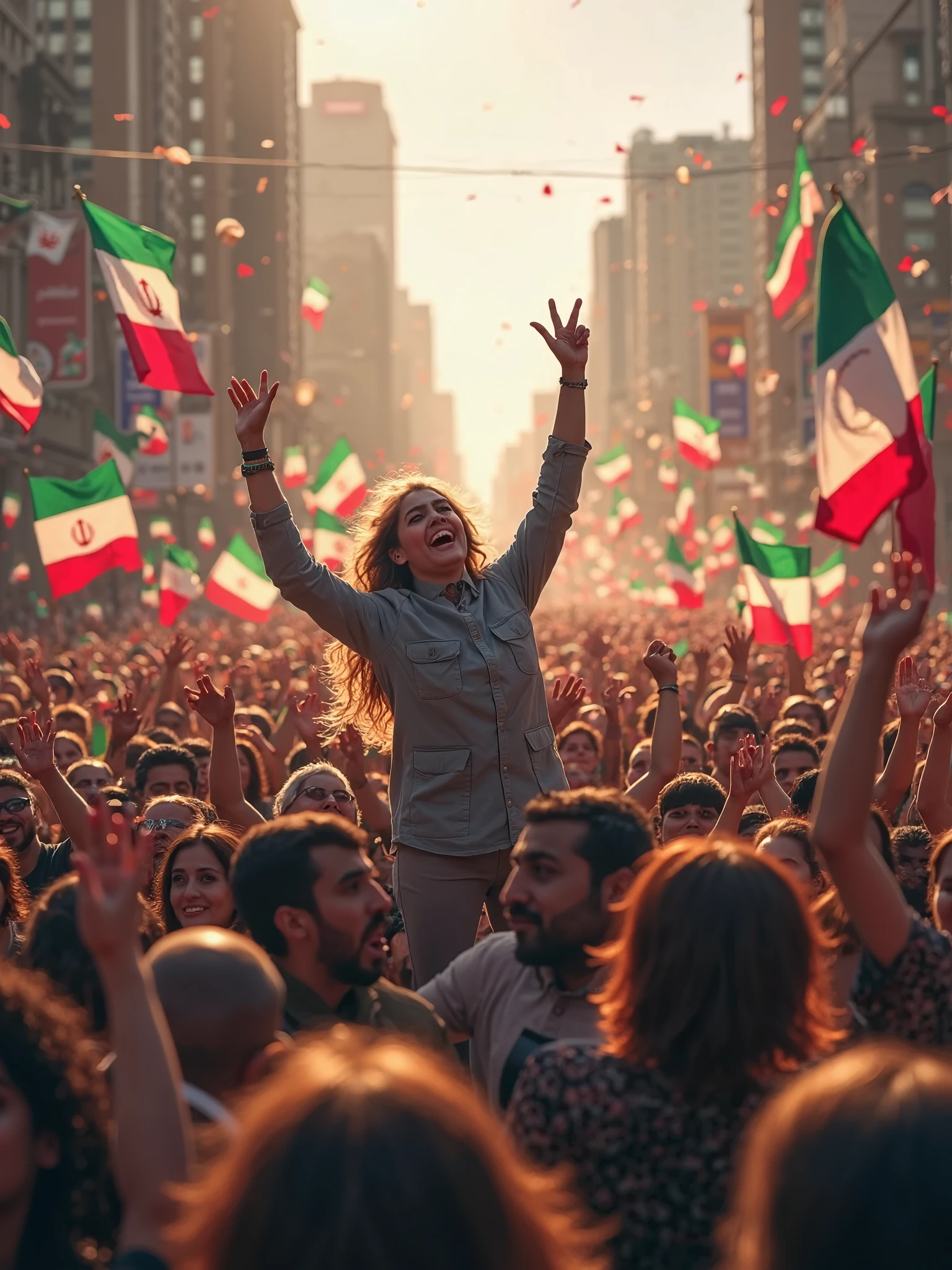 Make a picture of a young Jewish woman together with the Jewish people rejoicing over the victory in Israel