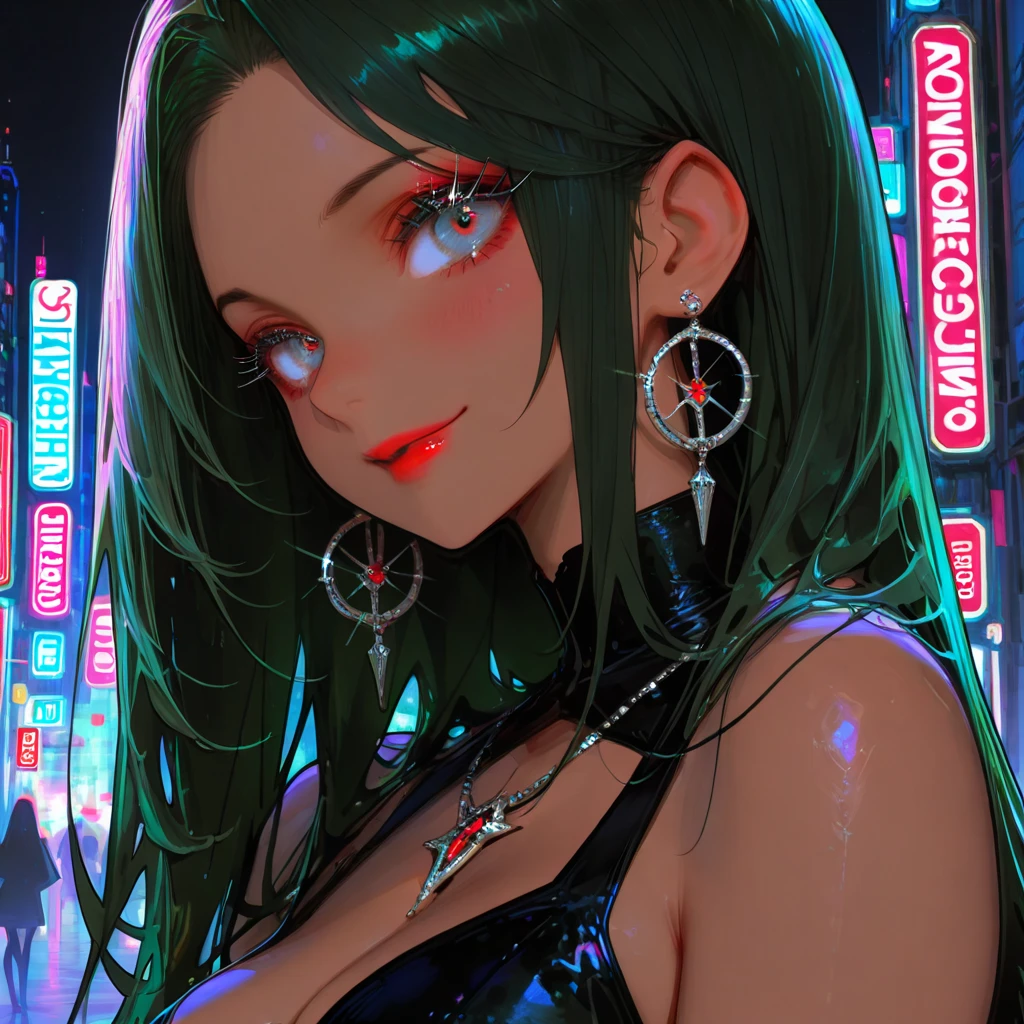 1 woman dancing on a strip club (green eyes, white skin, long black hair, ponytail, choker, small breasts, lipstick, makeup, eyeliner), wearing a neon sexy outfit, (cyberpunk theme), (masterpiece, best quality, 8k, sharp focus, depth of field, best shadows, perfect lights, HDR, realistic skin texture, ultra-detailed and detailed background),