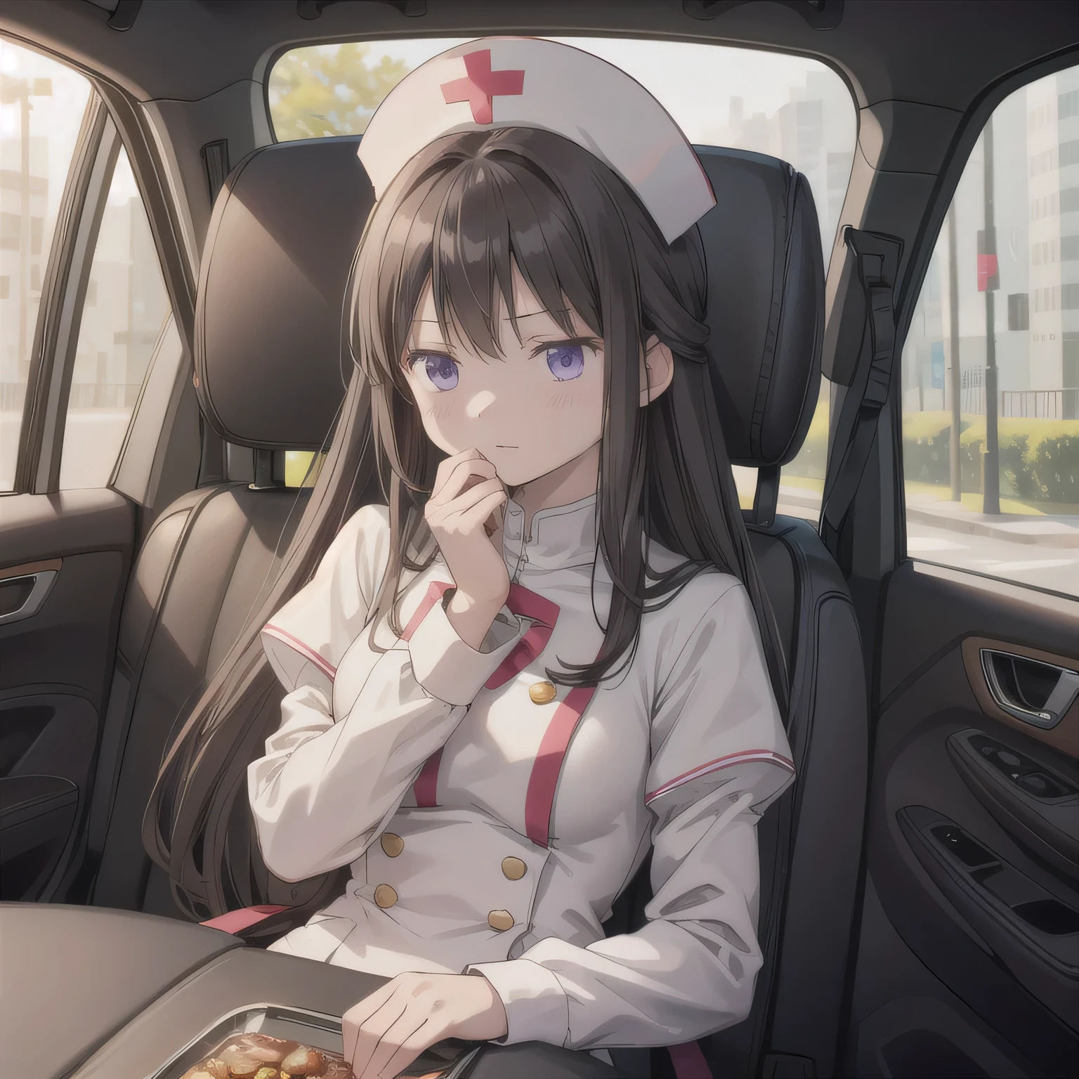 A beautiful girl sitting in the passenger seat of a compact car. She's wearing a light blue nurse uniform with a matching nurse cap, styled in a soft, elegant way. She leans slightly toward the driver's seat, her upper body tilted forward naturally. Her hands are gently held close to her mouth in a tender, thoughtful gesture, as if she's imagining holding something important and delicious. Her lips are slightly parted, and her expression is dreamy, blissful, and full of quiet delight, as if savoring a moment in her mind. The scene is warmly lit, cozy, and filled with a subtle sense of intimacy inside the small car interior. No food is visible. Long hair, dark hair, purple eyes.