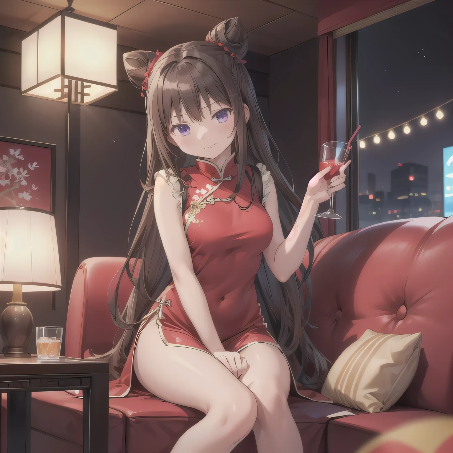 A cute girl with short light brown hair styled in two side buns, wearing a vivid red traditional Chinese dress with modest design details. She is sitting in a Japanese karaoke box, surrounded by a typical sofa, table, drink cup, and a moist hand towel. The background shows cozy lighting and interior decor common to karaoke rooms. She leans slightly forward, holding both hands near her mouth in a daydreamy, playful gesture, as if imagining holding something big and delightful. Her lips are softly parted, and she has a mischievous, cheeky expression. No food is visible. The overall mood is fun, slightly teasing, but tasteful and light-hearted. Long hair, dark hair, purple eyes.