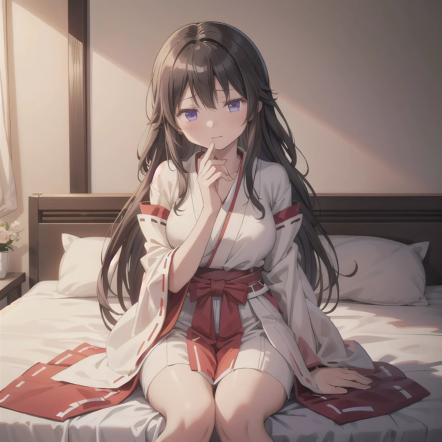 portrait of a beautiful girl with translucent skin and softly expressive eyes, gentle blush, subtly glowing gradient hair, delicate emotional line art with soft shadows, evoking a melancholic and enchanting mood. She is wearing a traditional red and white Japanese shrine maiden outfit (miko attire), sitting on the edge of a simple bed in a modest Japanese business hotel room. On the table nearby is a moist hand towel. She leans slightly forward, holding both hands playfully in front of her mouth, as if imagining holding something big and delightful. Her lips are softly parted, and she has a cheeky and flirtatious expression. No food or objects are being held. Long hair, dark hair, purple eyes.