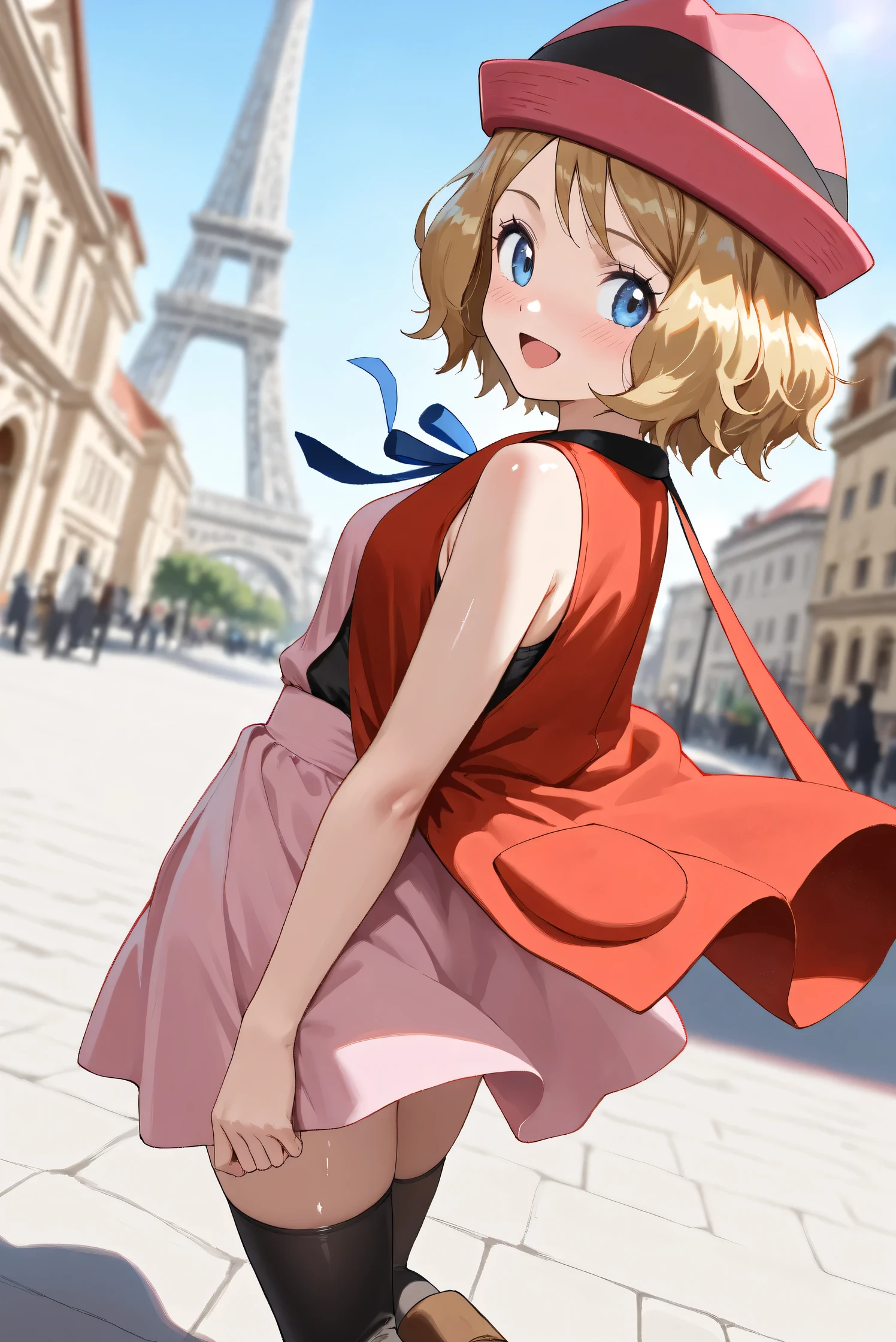 (Masterpiece), (Highest quality), (Very detailed),
(The best shape), (Best Shadow), (Absurd),
(Detailed background), (So beautiful), (Shiny),
(Extraordinary), (Countershading), (8k), (32K),
(High resolution), (Very Detailed CG), (UHD),
(Score_9), (Score_8_up), (Score_7_up), (Source_anime),
(Pastel painting:1.2), (Watercolor painting:1.2),
(Masterpiece, Detailed:1.2), (Foreshortening:1.2),
(Anime style),
(Cinematic), (Dramatic), (Depth of field:1.4),
(Blurry background:1.4), (Realistic background:1.4),
(Dynamic angle), (1 girl),
(Outdoor), (Wind), (Paris),
(portrait), (Focus on face), (Close up shot),
(Blush:1.3), (Happy), (Smile), (open mouth),
(looking back),
(Shiny skin),
serena \(pokemon\), 1girl, blue eyes, eyelashes, short hair, blonde hair,
hat, neck ribbon, blue ribbon, pink shirt, sleeveless, bare arms, red jacket, pink skirt, black thighhighs, boots,