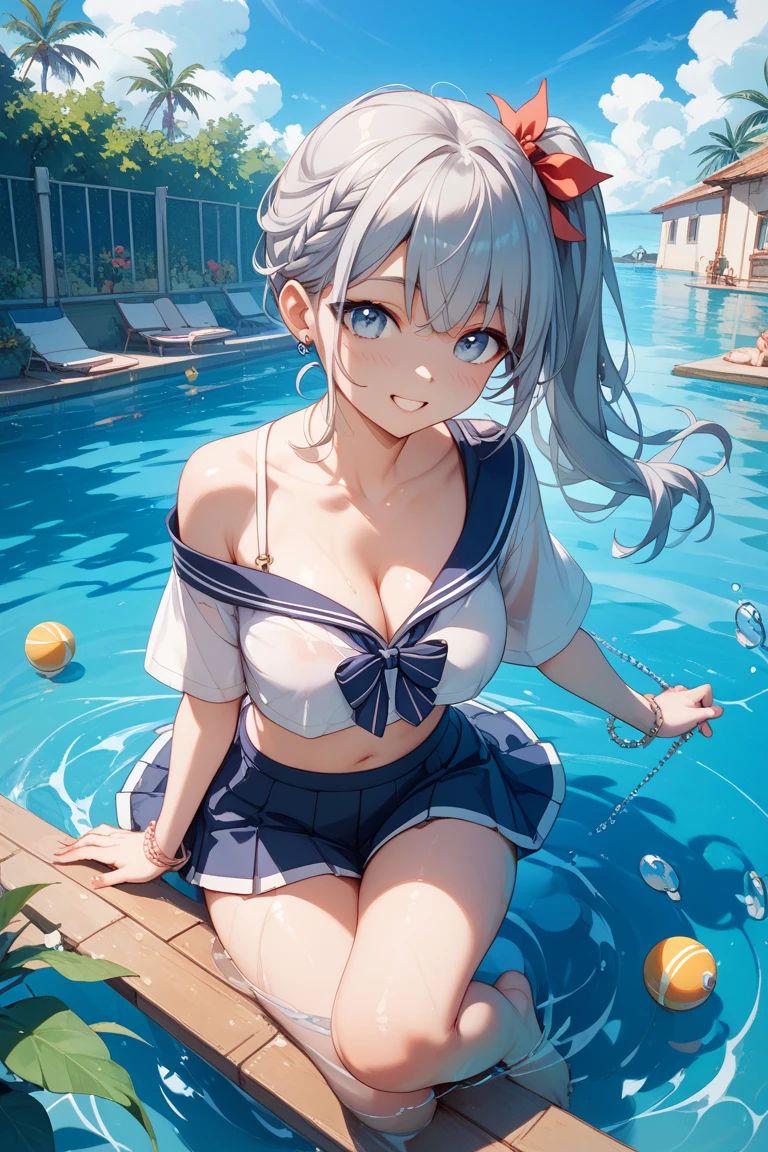 1 lady, HD quality, anime, solo full body shot, (sitting with hands back:1.3), (open legs to limit:1.5), (with one knee up:1.3), showing pubic area:, (under boob:1.6), Large breasts, (cleavage), shiny skin, smiling, (thin thighs:1.3), (Sailor uniform only for the upper body:1.5), (Crop Top sheer white shirt:1.5), (sleeveless:1.6), without brassiere, (sheer white tiny micro thong:1.5), poolside, (Green detailed eyes), blue sailor collar, red ribbon tie