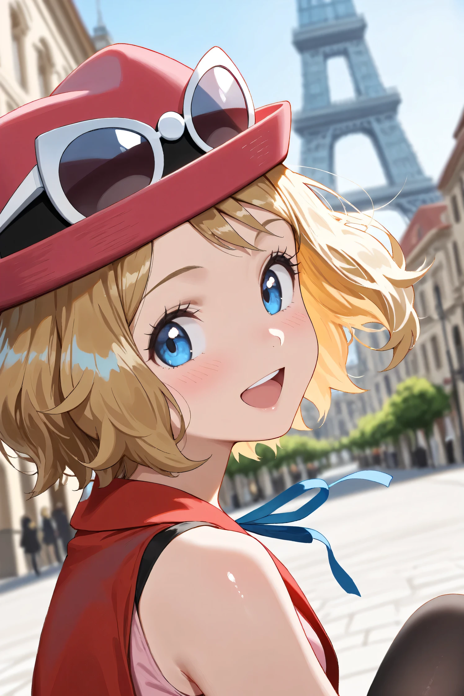 (Masterpiece), (Highest quality), (Very detailed),
(The best shape), (Best Shadow), (Absurd),
(Detailed background), (So beautiful), (Shiny),
(Extraordinary), (Countershading), (8k), (32K),
(High resolution), (Very Detailed CG), (UHD),
(Score_9), (Score_8_up), (Score_7_up), (Source_anime),
(Pastel painting:1.2), (Watercolor painting:1.2),
(Masterpiece, Detailed:1.2), (Foreshortening:1.2),
(Anime style),
(Cinematic), (Dramatic), (Depth of field:1.4),
(Blurry background:1.4), (Realistic background:1.4),
(Dynamic angle), (1 girl),
(Outdoor), (Wind), (Paris),
(portrait), (Focus on face), (Close up shot),
(Blush:1.3), (Happy), (Smile), (open mouth),
(looking back),
(Shiny skin),
serena \(pokemon\), 1girl, blue eyes, eyelashes, short hair, blonde hair,
hat, neck ribbon, blue ribbon, pink shirt, sleeveless, bare arms, red jacket, pink skirt, black thighhighs, boots,