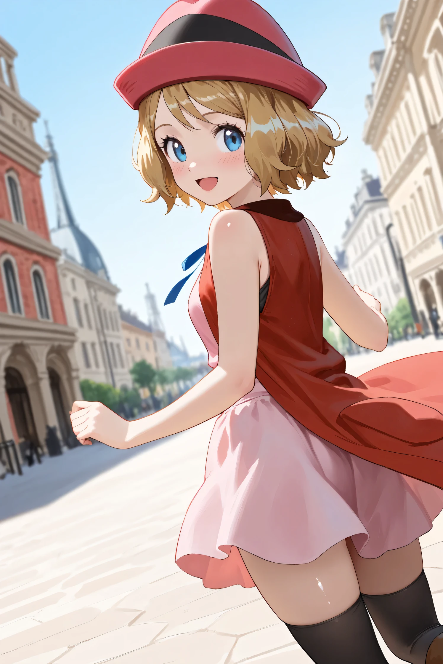 (Masterpiece), (Highest quality), (Very detailed),
(The best shape), (Best Shadow), (Absurd),
(Detailed background), (So beautiful), (Shiny),
(Extraordinary), (Countershading), (8k), (32K),
(High resolution), (Very Detailed CG), (UHD),
(Score_9), (Score_8_up), (Score_7_up), (Source_anime),
(Pastel painting:1.2), (Watercolor painting:1.2),
(Masterpiece, Detailed:1.2), (Foreshortening:1.2),
(Anime style),
(Cinematic), (Dramatic), (Depth of field:1.4),
(Blurry background:1.4), (Realistic background:1.4),
(Dynamic angle), (1 girl),
(Outdoor), (Wind), (Paris),
(portrait), (Focus on face), (Close up shot),
(Blush:1.3), (Happy), (Smile), (open mouth),
(looking back),
(Shiny skin),
serena \(pokemon\), 1girl, blue eyes, eyelashes, short hair, blonde hair,
hat, neck ribbon, blue ribbon, pink shirt, sleeveless, bare arms, red jacket, pink skirt, black thighhighs, boots,