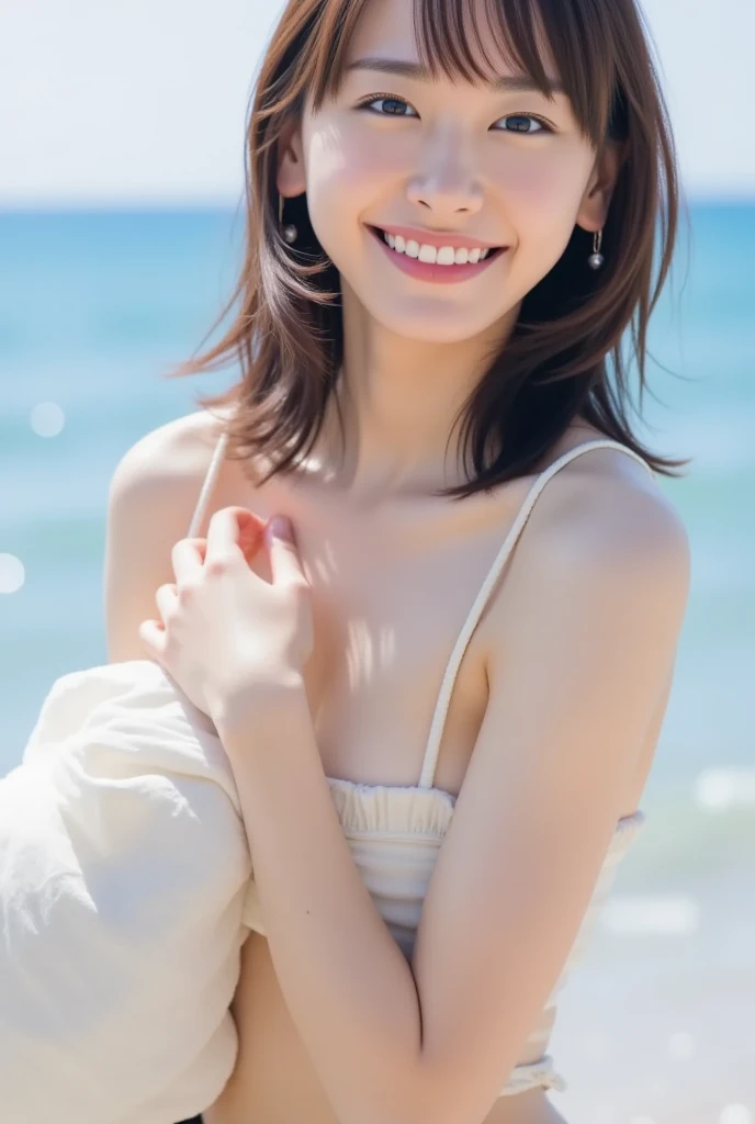(((sunny day、Cute Japanese Woman、Beach、A strong wind is blowing、Her hair and skirt are flying、On all fours, Crawling、White open blouse、Pleated skirt、naked:1.25、splash、Pour water on the camera、smile、Laughter、Sandy Beach、Light of the sun、clear blue sea、The waves crash quietly、blue sky with white clouds、green mountain々、Beautiful Nature、The joy of youth)))、(((Top-down composition:1.33)))、(((8K、Highest quality、masterpiece、Ultra-high resolution)))、(Realistic:1.4)、RAW Photos、(Real skin texture:1.3)、(Film Grain:1.3)、((No underwear、Bend one leg))、One Girl、Beautiful and detailed eyes and face、naked足、