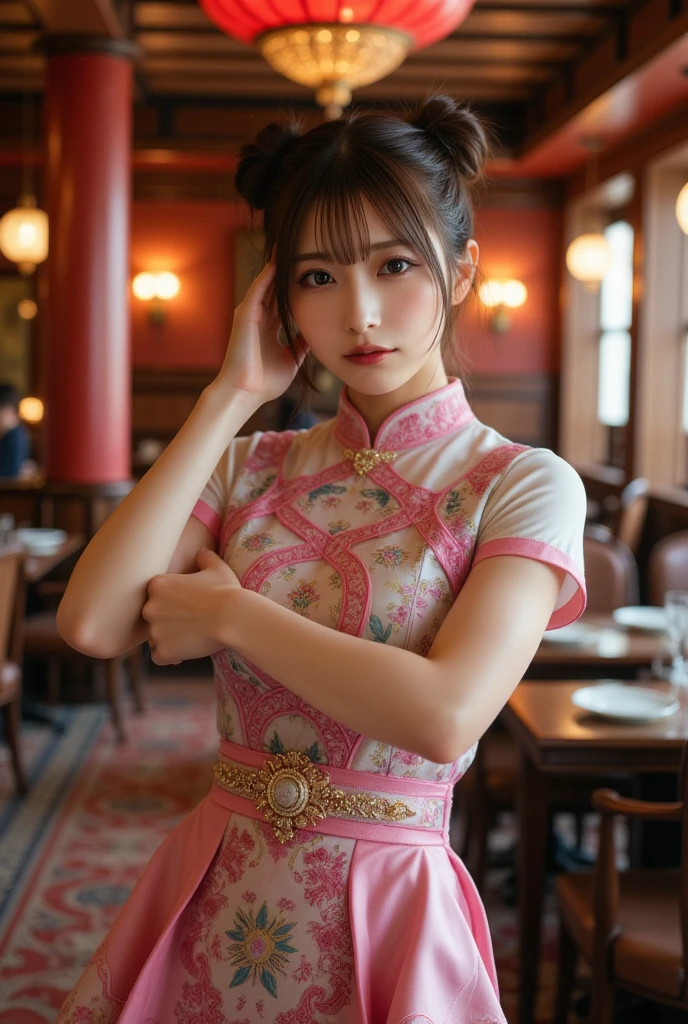 high detal,8K分辨率,A masterpiece,highest quality,filigree,tmasterpiece,Beautiful,Stunning antique beauty,Perfect look,Perfectly refined and clear facial features(Meticulous facial portrayal),the most beautiful big eyes,beautiful pupil,long eyelasher,Delicate and beautiful makeup,Be red in the face,Moisturize pink lips,(((Gorgeous slim sleeveless pink white silk embroidered phoenix robe,obi strip,Small safflower))),,Black shiny hair coiled(Chinese antique hairstyle design),Beautiful hairpin hair accessories,Beautiful earring necklace,Noble temperament,Slim waist,Slender and long legs,perfect bodies,Sexy and charming,Precise and perfect human anatomy,Facing the viewer,Inside the magnificent palace,Carved fence jade,Works of masters,tmasterpiece,Best quality at best,high high quality,A high resolution,,cinmatic lighting,depth of fields,Close-up。Bust photo of a girl around 22 years old,Perfectcomposition,Precise and perfect human anatomy,Golden ratio creation,Surreal and realistic。Detailed skin details,White skin of the,shiny skin,Creamy glowing skin,Skin that is white and red。Exquisite depiction of facial features,Perfect makeup,Detailed depiction of the face,Clean and flawless face。A sweet smile,Smile without showing your teeth。Extremely detailed depiction of hair,Black hair coiled,tying hair,High bun,The wind blew away the hair。Eyebrows upturned,long eyelasher,二重まぶた。Affectionate eyes,Big bright eyes,Sweet with lying silkworms。tall nose bridge。Thin lips,Pink lip gloss,Straight teeth。Delicate collarbones。Delicate pendant,耳Nipple Ring。Perfect tall figure,with a well-proportioned body,Long legs and thin waist,Skinny beauty,Can't be too thin。Straight chest,medium boob。Keep your head up and your chest up,Look ahead,Face the lens,are standing。Ancient architectural background(((Chinese style new Chinese ink floral dress))),Bust photo