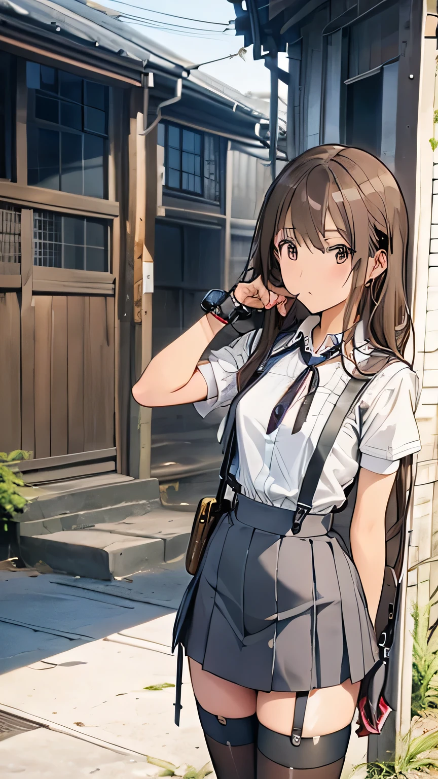 077662 Suspender Gun Holster Long Hair Japanese Women Skirt Handcuffs Knee High Garter Belt Long Socks Garter Belt Anime Girl Back Hand Cuff