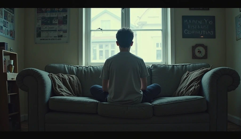 Teenager sitting in a youtube studio all alone , creating a youtube video Looking forward to the camera as he speaks dark studio. And there is a window behind him outside.The window is a city