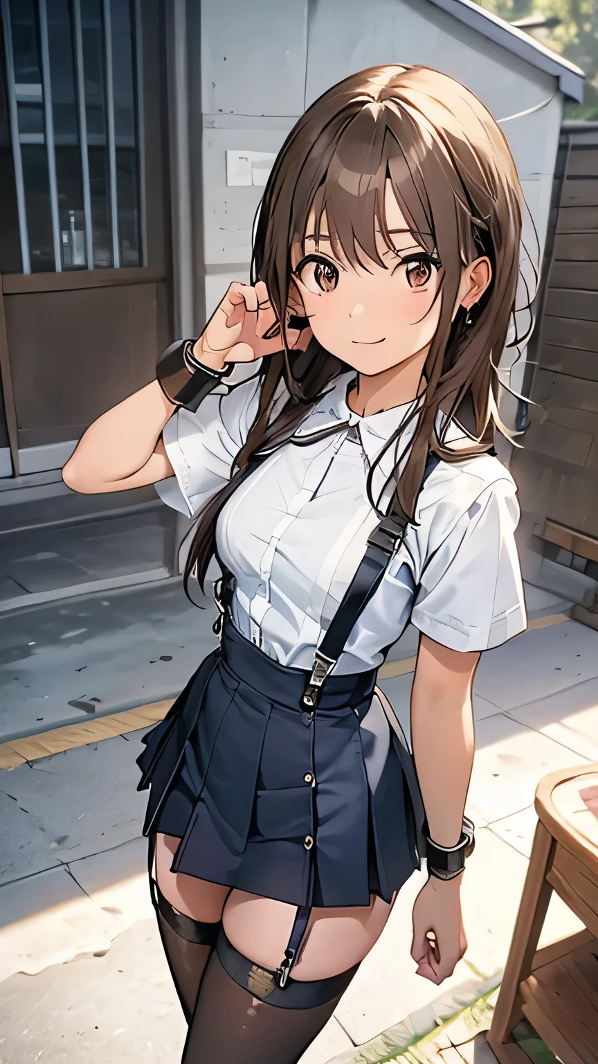 077662 Suspender Gun Holster Long Hair Japanese Women Skirt Handcuffs Knee High Garter Belt Long Socks Garter Belt Anime Girl Back Hand Cuff