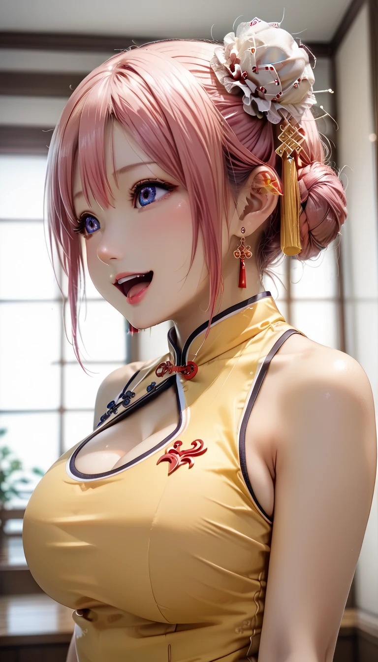 (Masterpiece, BestQuality:1.3), (ultra detailed:1.2), (hyperrealistic:1.3), (RAW photo:1.2), High detail RAW color photo, professional photograph, (Photorealistic:1.4), (realistic:1.4), (Pink Hair:1.5), professional lighting, perfect anatomy, (Big Breasts:1.2), (blush, detailed face), (A happy smile:1.7), Trending Hair&Trending Hairカラーをランダムに, earrings, necklace, bracelet, sexly, erotic sexly, Random sexy gravure poses, (Sexy beauty in a red Chinese dress、Posing in Chinatown、Black hair bun、A captivating smile、Hands on hips。:1.3)
