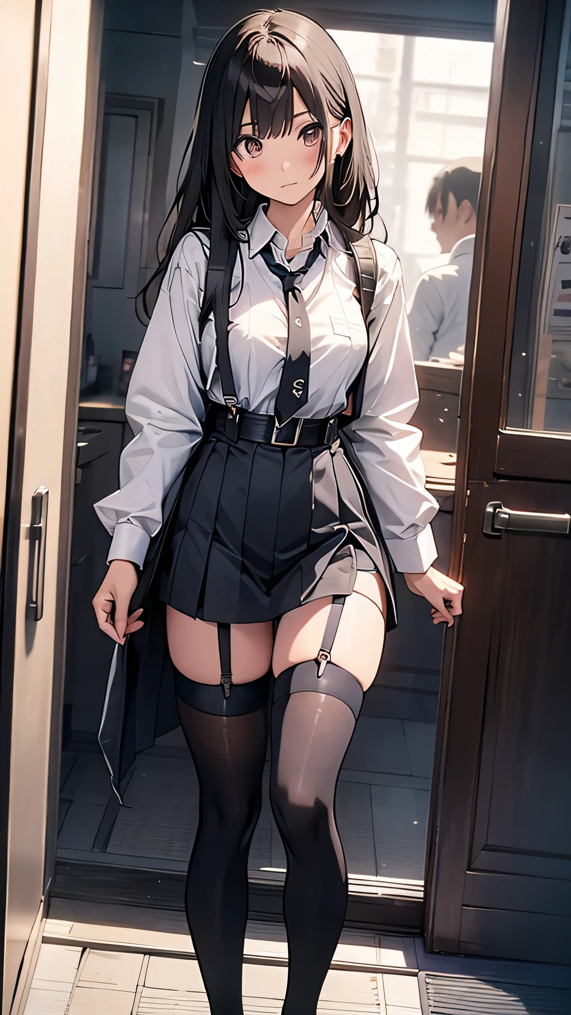 masterpiece, maximum quality, ultra high resolution, 8k, korean girl (Choi Nam-ra), full body, thin, detailed face, identical face, detailed eyes, shy smile, wearing short school uniform, wide hips, thick thighs, in the school hallway invaded by zombies, torn clothes