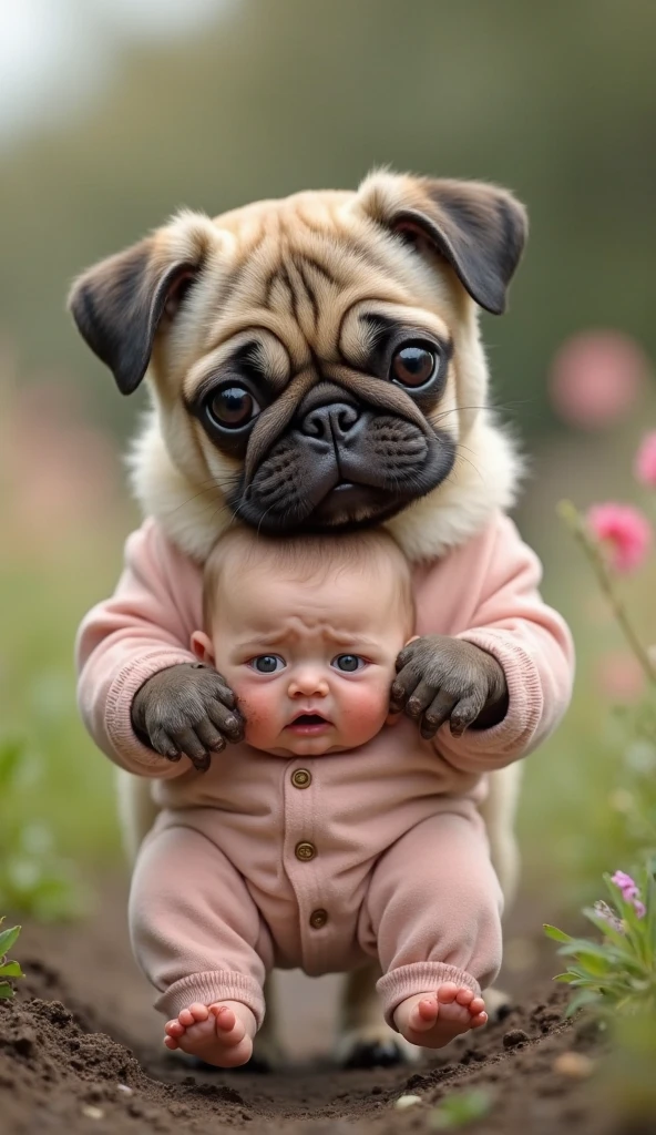 Create a video of your Pekingese wearing maternity clothes holding her little daughter who is wearing baby clothes like humans do, realistic, real, high resolution details, full picture like real