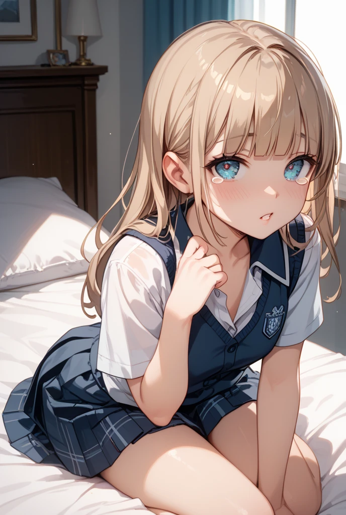 (Masterpiece, Photorealistic, high resolution), ((1girll):1.2), (Masterpiece, Photorealistic, high resolution), ((1girll):1.2), a teenage girl (Loose pink shirt, Laces panty (medium of breast):1.2, thighs), on top of the bed, lie on the bed, Cute or adorable kids laces panties, visible panty lines, Pants are Wet
