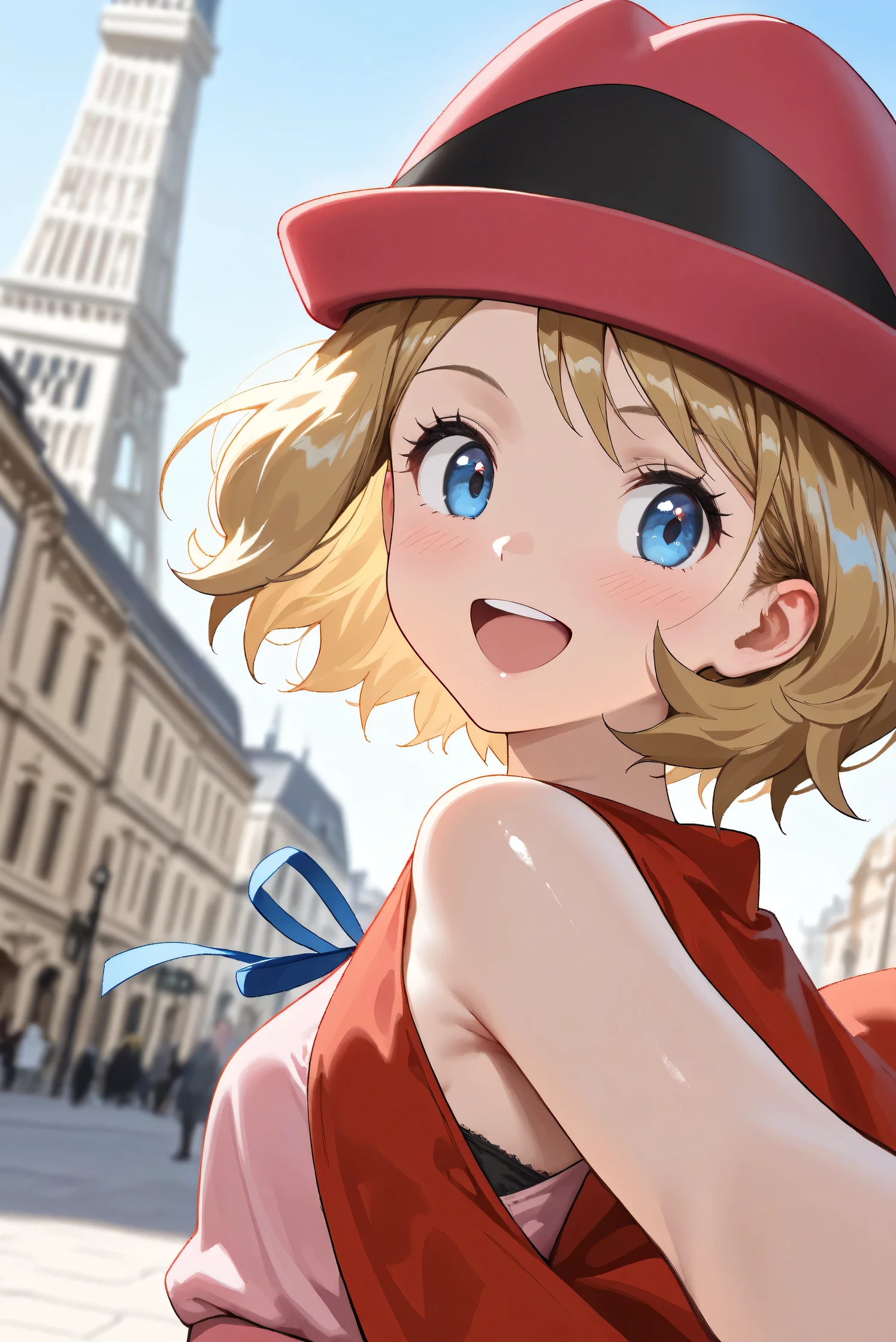 (Masterpiece), (Highest quality), (Very detailed),
(The best shape), (Best Shadow), (Absurd),
(Detailed background), (So beautiful), (Shiny),
(Extraordinary), (Countershading), (8k), (32K),
(High resolution), (Very Detailed CG), (UHD),
(Score_9), (Score_8_up), (Score_7_up), (Source_anime),
(Pastel painting:1.2), (Watercolor painting:1.2),
(Masterpiece, Detailed:1.2), (Foreshortening:1.2),
(Anime style),
(Cinematic), (Dramatic), (Depth of field:1.4),
(Blurry background:1.4), (Realistic background:1.4),
(Dynamic angle), (1 girl),
(Outdoor), (Wind), (Paris),
(portrait), (Focus on face), (Close up shot),
(Blush:1.3), (Happy), (Smile), (open mouth),
(looking back),
(Shiny skin),
serena \(pokemon\), 1girl, blue eyes, eyelashes, short hair, blonde hair,
hat, neck ribbon, blue ribbon, pink shirt, sleeveless, bare arms, red jacket, pink skirt, black thighhighs, boots,