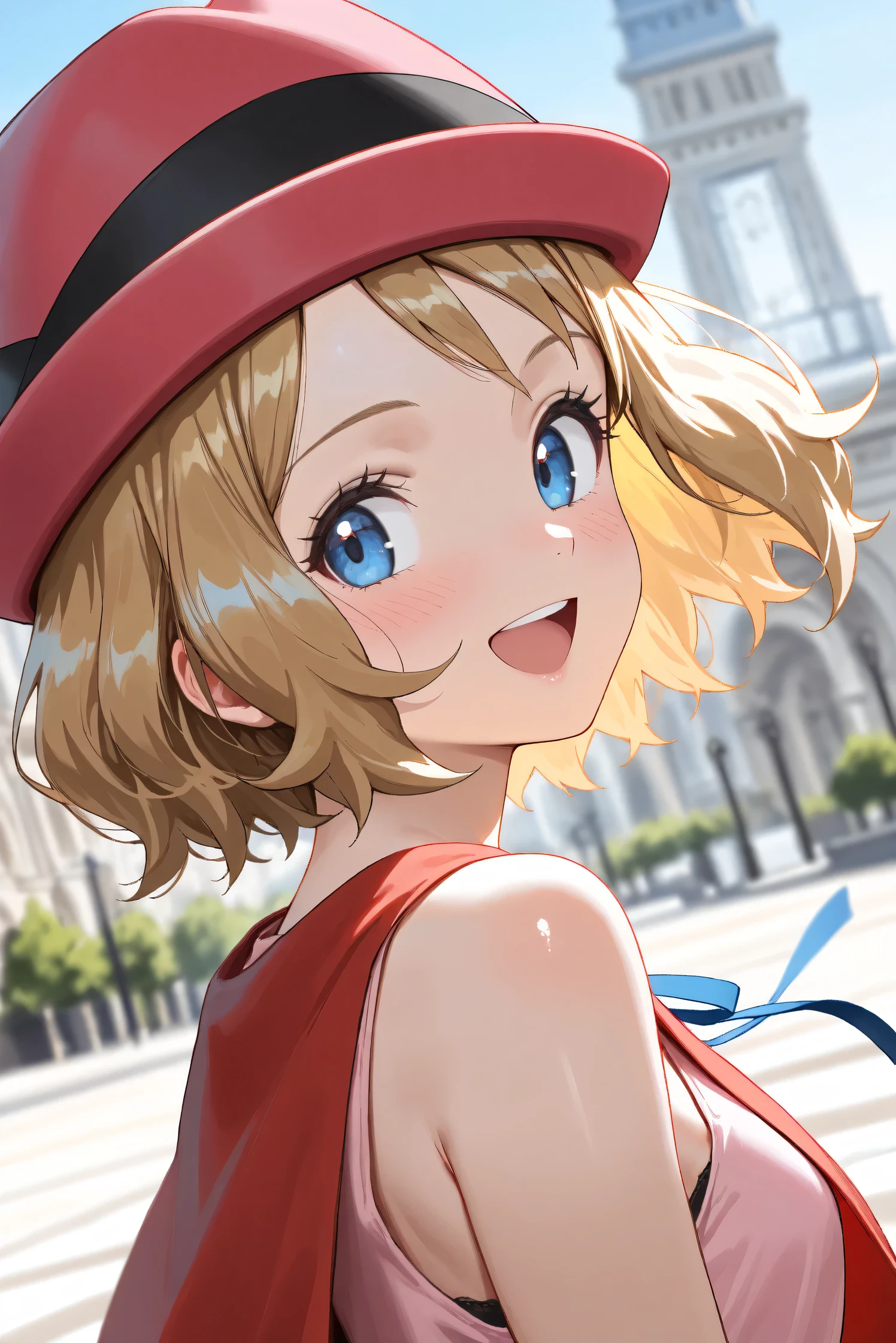 (Masterpiece), (Highest quality), (Very detailed),
(The best shape), (Best Shadow), (Absurd),
(Detailed background), (So beautiful), (Shiny),
(Extraordinary), (Countershading), (8k), (32K),
(High resolution), (Very Detailed CG), (UHD),
(Score_9), (Score_8_up), (Score_7_up), (Source_anime),
(Pastel painting:1.2), (Watercolor painting:1.2),
(Masterpiece, Detailed:1.2), (Foreshortening:1.2),
(Anime style),
(Cinematic), (Dramatic), (Depth of field:1.4),
(Blurry background:1.4), (Realistic background:1.4),
(Dynamic angle), (1 girl),
(Outdoor), (Wind), (Paris),
(portrait), (Focus on face), (Close up shot),
(Blush:1.3), (Happy), (Smile), (open mouth),
(looking back),
(Shiny skin),
serena \(pokemon\), 1girl, blue eyes, eyelashes, short hair, blonde hair,
hat, neck ribbon, blue ribbon, pink shirt, sleeveless, bare arms, red jacket, pink skirt,