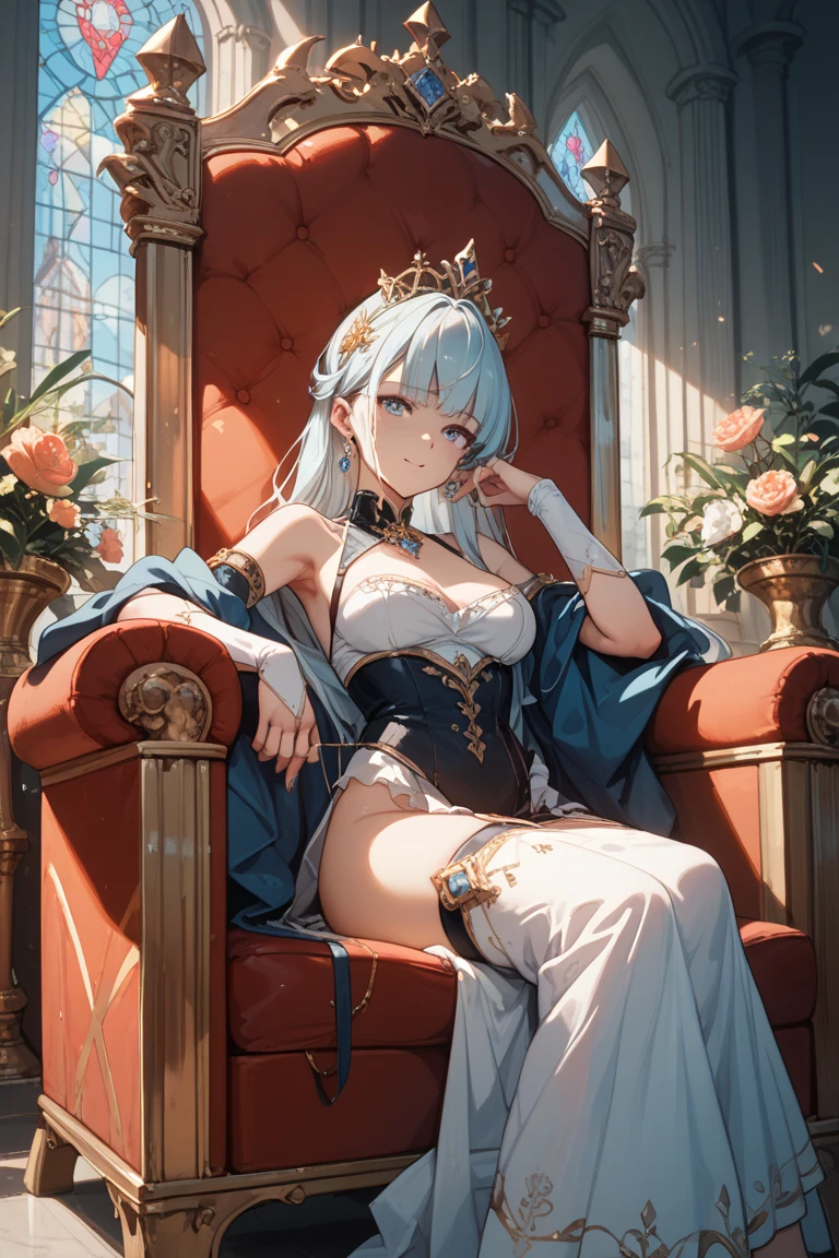 (Extreme Detail CG Unity 8K Wallpapers,tmasterpiece,Highest image quality),(Delicate light and shadow,The picture is highly dramatic),Ray traching,classical bedroom,looking at book ,Correct anatomy,long white hair,Golden eyes,Nice face,lipstick,Red eyeshadow,long eyelasher,Wear casual attire,Slender figure,sit on chair,ellegance,Next to it is a table,Faraway view,wide angles,4/3 angles,Authentic texture,Correct fingers,
