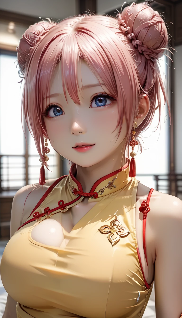 (Masterpiece, BestQuality:1.3), (ultra detailed:1.2), (hyperrealistic:1.3), (RAW photo:1.2), High detail RAW color photo, professional photograph, (Photorealistic:1.4), (realistic:1.4), (Pink Hair:1.5), professional lighting, perfect anatomy, (Big Breasts:1.2), (blush, detailed face), (A happy smile:1.7), Trending Hair&Trending Hairカラーをランダムに, earrings, necklace, bracelet, sexly, erotic sexly, Random sexy gravure poses, (Sexy beauty in a red Chinese dress、Posing in Chinatown、Black hair bun、A captivating smile、Hands on hips。:1.3)