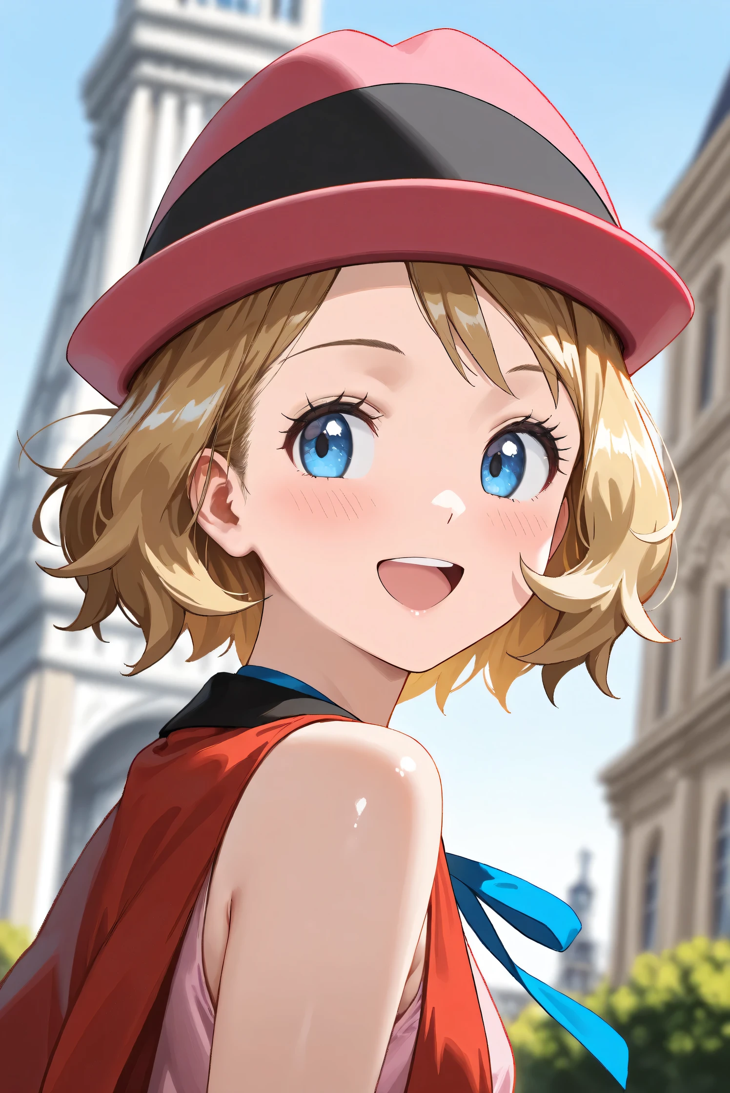 (Masterpiece), (Highest quality), (Very detailed), 
(The best shape), (Best Shadow), (Absurd), 
(Detailed background), (So beautiful), (Shiny), 
(Extraordinary), (Countershading), (8k), (32K), 
(High resolution), (Very Detailed CG), (UHD),

(Score_9), (Score_8_up), (Score_7_up), (Source_anime), 
(Pastel painting:1.2), (Watercolor painting:1.2),
(Masterpiece, Detailed:1.2), (Foreshortening:1.2),
(Anime style),

(Cinematic), (Dramatic), (Depth of field:1.4),
(Blurry background:1.4), (Realistic background:1.4),
(Dynamic angle), (1 girl),
(Outdoor), (Wind), (Paris),

(portrait), (Focus on face), (Close up shot),
(Blush:1.3), (Happy), (Smile), (open mouth),
(looking back),
(Shiny skin),

serena \(pokemon\), 1girl, blue eyes, eyelashes, short hair, blonde hair,

hat, neck ribbon, blue ribbon, pink shirt, sleeveless, bare arms, red jacket, pink skirt, 