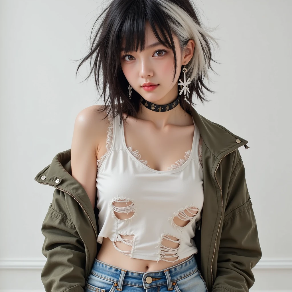 purpleとyellowで構成された絵画最高品質, High resolution,(A frame made of chains and ruins),pretty girl、Small eyes、(Flat Chest), ((Odd colored hair,green,purple,yellow)), beautiful、、Tattered denim pants、Tattered black tank top、Circus、Collar with a large chain、Clown、(He is pointing a bloody knife at the camera)、Bold Pose