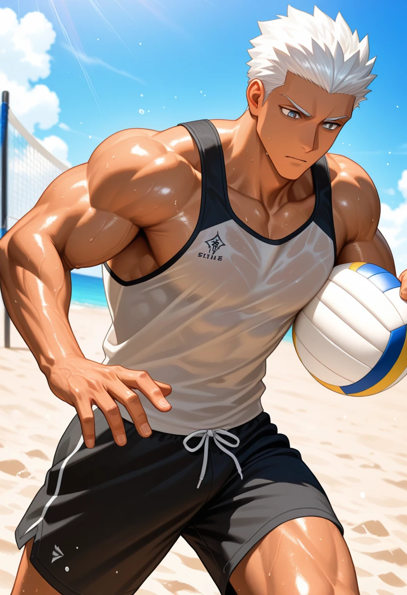 there is a man holding a volleyball ball in his hand, super awesome and cool, Cool anime poses, muscular character, Firmware version, Strongest posture, Muscle bulge, author：Yang Jie, muscular!!, Anime handsome man, Torn, Medium shot of handsome guy, muscular male hero, guys, volleyball, Male anime characters, a muscular