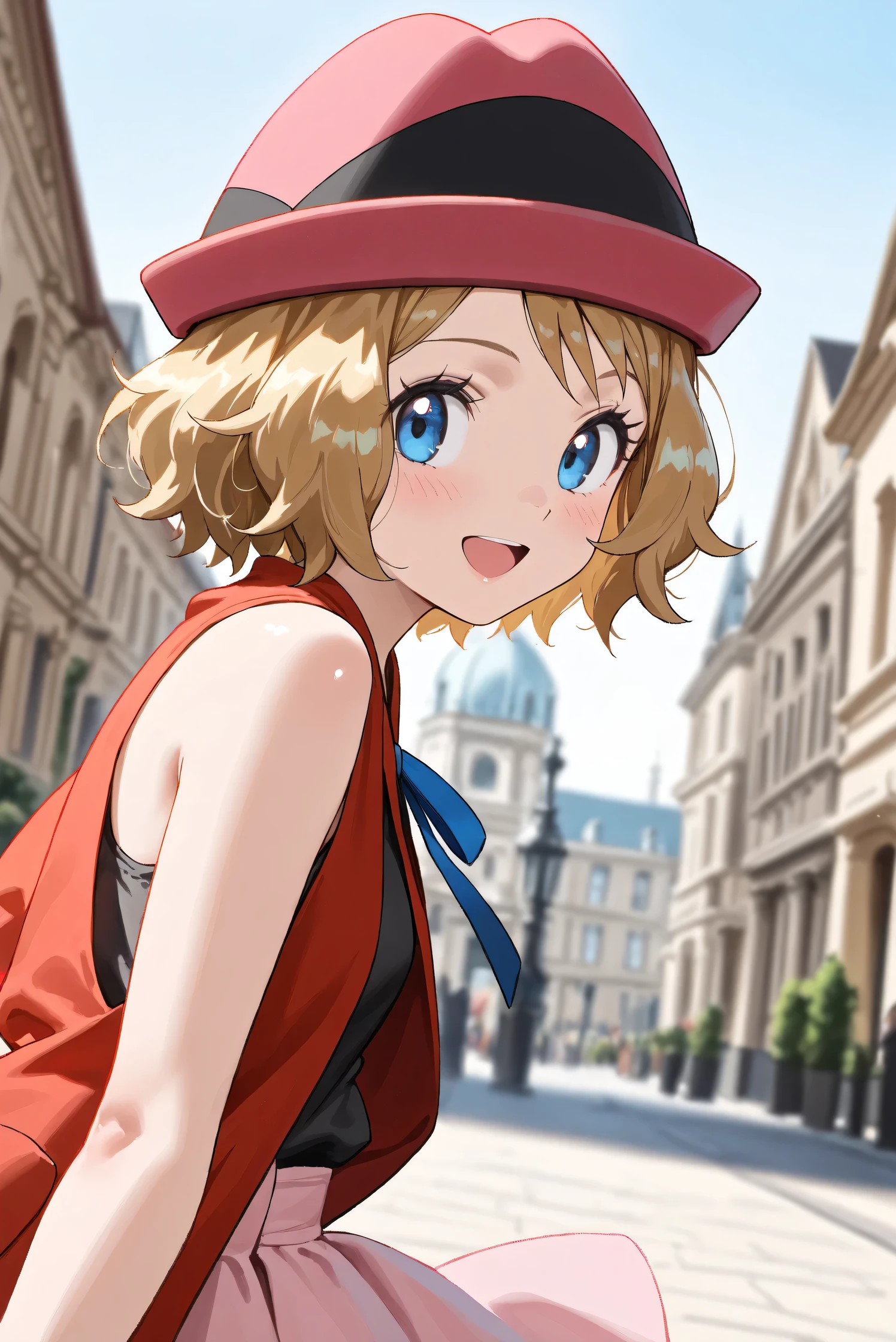 (Masterpiece), (Highest quality), (Very detailed),
(The best shape), (Best Shadow), (Absurd),
(Detailed background), (So beautiful), (Shiny),
(Extraordinary), (Countershading), (8k), (32K),
(High resolution), (Very Detailed CG), (UHD),
(Score_9), (Score_8_up), (Score_7_up), (Source_anime),
(Pastel painting:1.2), (Watercolor painting:1.2),
(Masterpiece, Detailed:1.2), (Foreshortening:1.2),
(Anime style),
(Cinematic), (Dramatic), (Depth of field:1.4),
(Blurry background:1.4), (Realistic background:1.4),
(Dynamic angle), (1 girl),
(Outdoor), (Wind), (Paris),
(portrait), (Focus on face), (Close up shot),
(Blush:1.3), (Happy), (Smile), (open mouth),
(looking back),
(Shiny skin),
serena \(pokemon\), 1girl, blue eyes, eyelashes, short hair, blonde hair,
hat, neck ribbon, blue ribbon, pink shirt, sleeveless, bare arms, red jacket, pink skirt,