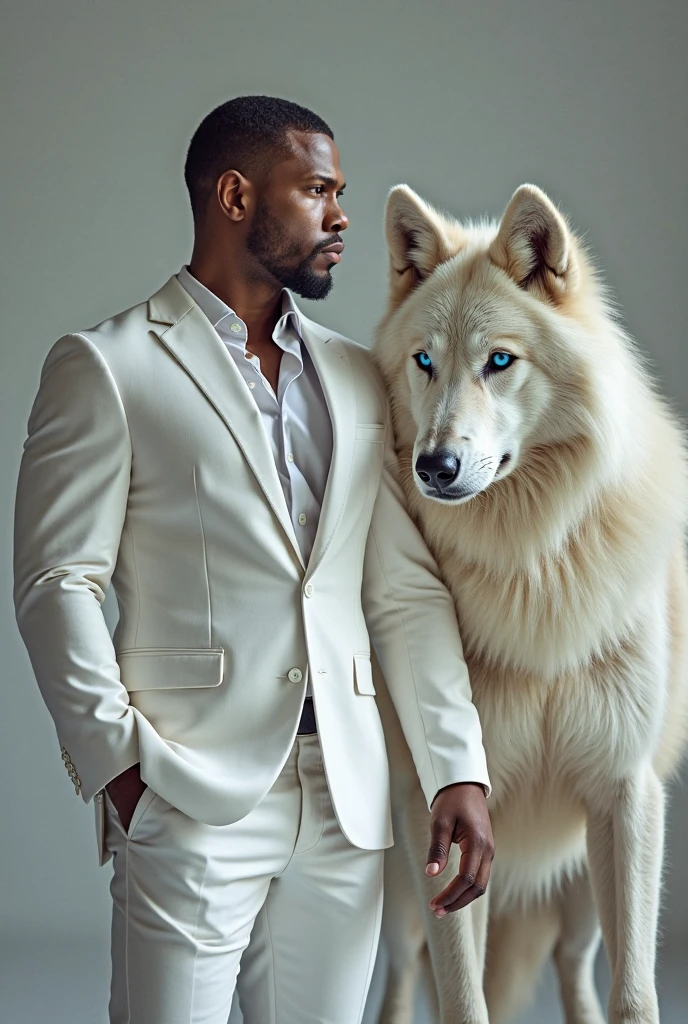 black man in a white wolf outfit on top of his head to a wolf head
