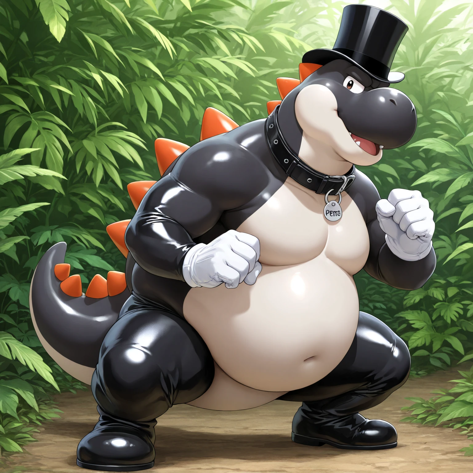 Solo, Male, fat, naked, extremely obese, gentleman, dapper Crocodile, purple skin, purple scales, green eyes, (posing:1.3), (soft shading), 4k, hi res, ((detailed face, detailed)), office background, looking at viewer, mouth wide open, large belly, bulging belly, Crocodile is wearing a glossy top hat, Crocodile is wearing a thick glossy leather dog collar around the neck, Crocodile is wearing glossy white rubber gloves on the hands, wearing white rubber gloves on the feet, gloves are glossy, gloves are rubber in texture, Crocodile is wearing the leather collar and rubber gloves at the same time, clenching fists, leather collar is glossy and shiny with a lot of detail, Crocodile is wearing gloves and leather collar at the same time, leather collar has a round dog-tag, leather collar is thick and detailed, leather collar is glossy and shiny, fancy gloves, fancy top hat, leather collar is thick, glossy leather collar, leather collar is thick and glossy, leather collar is somewhat wide, gloves go up to the wrists and ankles, Crocodile is only wearing gloves and a leather collar and a top hat, Crocodile is wearing the gloves and leather collar and the top hat at the same time, gloves are white, dapper gloves, dapper top hat, dapper leather collar, white gloves.