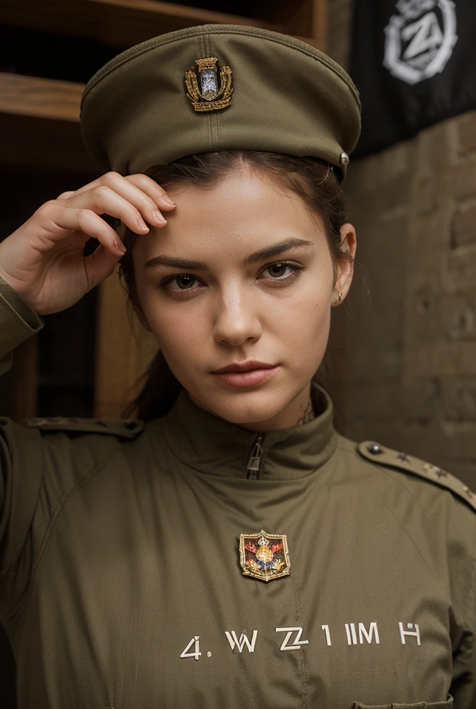 mulher linda bonita com cabelos longos loiros russa, com uniforme vermelho, fundo
brutalidade arquitetura sovietica com estatuas gigantes hiper-realista 16k