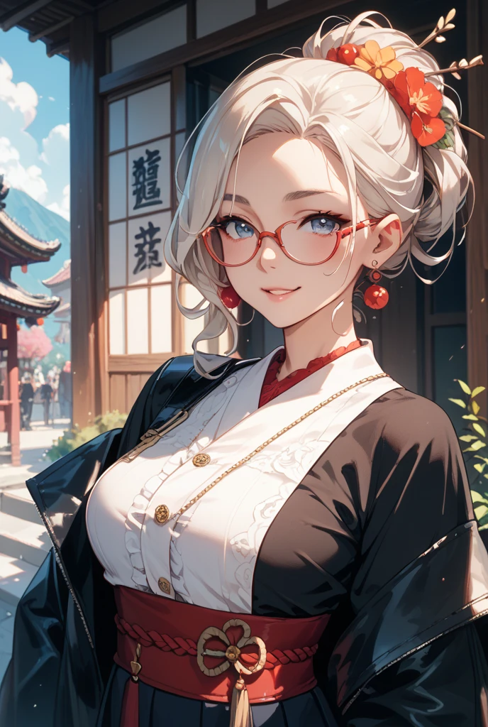 (1girl:1.3), Masterpiece, Best quality, amazing beauty, [[3D]], 4K, absurdres, finely detail, super detailed eye, perfect anatomy, official art, cinematic lighting, BREAK, Island, silky long hair, long braid, white hair, super shiny detailed blue eyes, big eyes, cute eyes, thick eyebrow, Gazing Upward, open-mouth, full lips, straight teeth, rouge, False eyelashes, red lips, red round cell frame glasses, piercing, excited face, BREAK , big breasts, tall, medium, gloss skin, nibble at bread, from behind, BREAK ,kimono, BREAK,