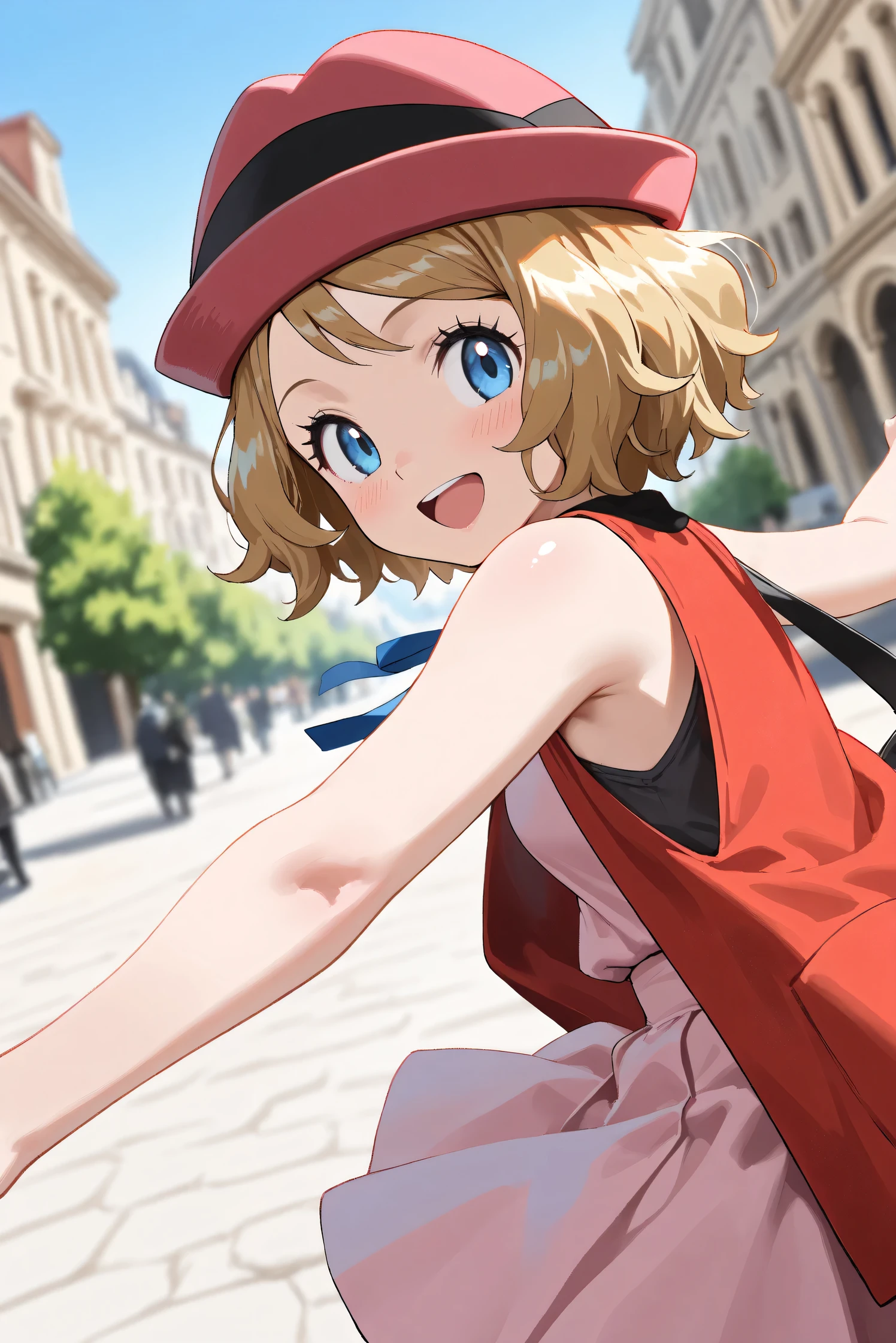 (Masterpiece), (Highest quality), (Very detailed),
(The best shape), (Best Shadow), (Absurd),
(Detailed background), (So beautiful), (Shiny),
(Extraordinary), (Countershading), (8k), (32K),
(High resolution), (Very Detailed CG), (UHD),
(Score_9), (Score_8_up), (Score_7_up), (Source_anime),
(Pastel painting:1.2), (Watercolor painting:1.2),
(Masterpiece, Detailed:1.2), (Foreshortening:1.2),
(Anime style),
(Cinematic), (Dramatic), (Depth of field:1.4),
(Blurry background:1.4), (Realistic background:1.4),
(Dynamic angle), (1 girl),
(Outdoor), (Wind), (Paris),
(portrait), (Focus on face), (Close up shot),
(Blush:1.3), (Happy), (Smile), (open mouth),
(looking back),
(Shiny skin),
serena \(pokemon\), 1girl, blue eyes, eyelashes, short hair, blonde hair,
hat, neck ribbon, blue ribbon, pink shirt, sleeveless, bare arms, red jacket, pink skirt, black thighhighs, boots,