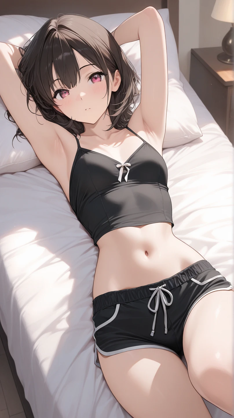 Affordable design, Clear lines, High Sharpness, (Highest quality,4k,Perfect sharpness,Ultra fine,High resolution,masterpiece:1.2), Perfect Anatomy:1.5, Official Art, Illustrations that tell a story, (Whitish background:0. 9)、Body Positivity、多Mr.な身体表現、(Random and fun poses)、Perfect beauty、Perfect beautiful face、(Strong winds)、A rich expression、Dynamic composition、smile、Golden ratio composition、colorful、(((Mr.々Different angles and perspectives)))、Anime Art、(Overcoming stereotypes)、 Glowing Skin、(Natural beauty)、bangs、Straight Hair、(Soft and flowing hair)、(countryside)、(Nostalgic atmosphere)、(Insert up to the thighs)、(Playful and carefree)、(多Mr.なキャラクター)、(Graceful posture)、(Sunny atmosphere)、(Bright colors)、((Pure white lingerie))、Show off your thighs、Show off the backs of your thighs、Lie face up on the bed、((Micro Bikini))、((Showing off your crotch))、Sweaty skin、(( String panties))、Spread your legs、Lie down、Underboob、(Pure white underwear)、((Put your hands in your panties))、
