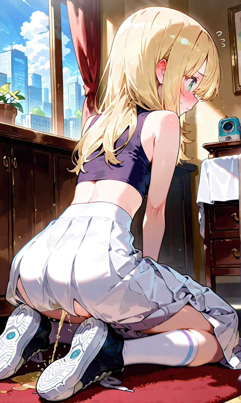 ((masterpiece)),(((Highest quality))),Thin thighs,An 25-year-old  girl ,White shirt,Blue and red plaid mini skirt:1.5,The best smile,Short-cut blonde:1.5,A pose from above with legs spread and buttocks sticking out, (), (stick out butt), ((focus on Buttocks)), (high angle) ,(tan skin), show hips, (wide shot ), ,(slouch),(purple panty),((hyper big hips)),(cum on hip),