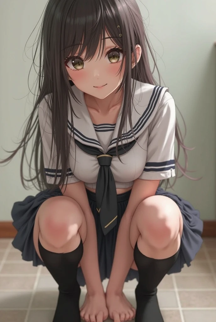 Elementary school girl 8-year-old Flat Chest Black Hair Long Hair White sailor suit with short sleeves Navy blue mini skirt((White panties are visible)) Black socks sneakers Low angle from the front