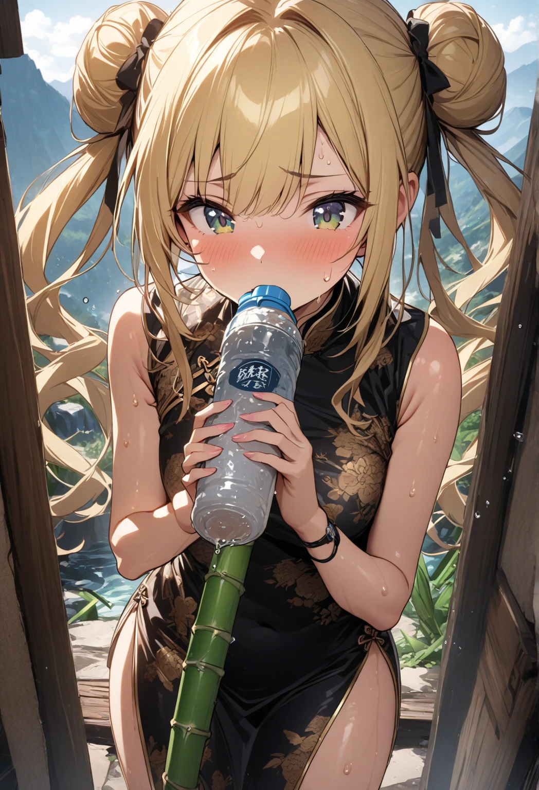 1girl、(((best quality)), ((masterpiece)), (details), masterpiece, best quality, high quality, ulutra detailed, perfect face, ((1girl, blond eyes, tiger ears: 1.3 blond long hair: 2.5,Mole under left eye:2.0))、Shiny Hair、Glowing Skin、Lustful look、Sideboob、Tank top、Swimsuit shorts、Waking up、living、Stay hydrated、Drink water、sunny、sun、Sweat