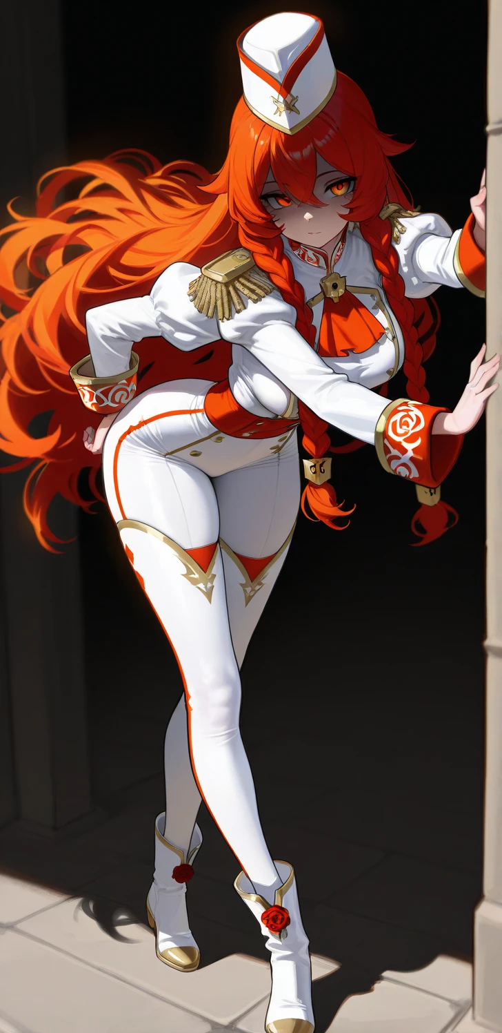 best quality, masterpiece, solo, (( Tall ,Feminine))anime Male in red Dress with crown,( Red corset, Skirt trail), wearing an ornate outfit, anime princess, in a fancy elaborate dress, ((Long Orange Hair:1.4)), ((hair styled in curls:1.3)),((Green eyes)),((Wide Hips)) , ((Thick Thighs )), Background(Throne room)), expression ( Smug, Smiling , haughty),minigts