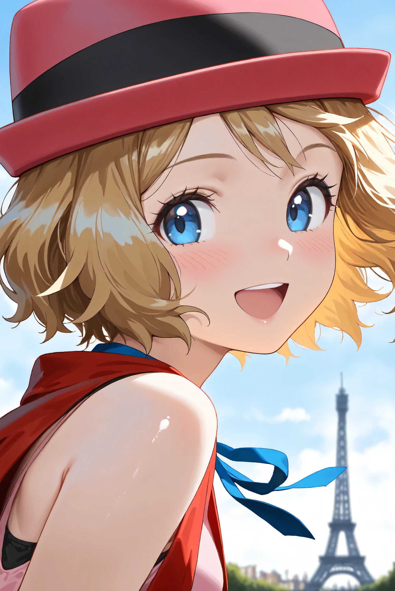 (Masterpiece), (Highest quality), (Very detailed),
(The best shape), (Best Shadow), (Absurd),
(Detailed background), (So beautiful), (Shiny),
(Extraordinary), (Countershading), (8k), (32K),
(High resolution), (Very Detailed CG), (UHD),
(Score_9), (Score_8_up), (Score_7_up), (Source_anime),
(Pastel painting:1.2), (Watercolor painting:1.2),
(Masterpiece, Detailed:1.2), (Foreshortening:1.2),
(Anime style),
(Cinematic), (Dramatic), (Depth of field:1.4),
(Blurry background:1.4), (Realistic background:1.4),
(Dynamic angle), (1 girl),
(Outdoor), (Wind), (Paris),
(portrait), (Focus on face), (Close up shot),
(Blush:1.3), (Happy), (Smile), (open mouth),
(looking back),
(Shiny skin),
serena \(pokemon\), 1girl, blue eyes, eyelashes, short hair, blonde hair,
hat, neck ribbon, blue ribbon, pink shirt, sleeveless, bare arms, red jacket, pink skirt,