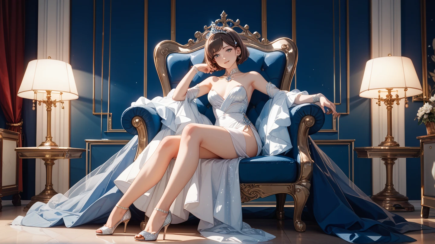 (masterpiece, best quality,ultra highres), (movie poster art,title of "Basic Instinct"),In the center of the poster,girl sitting on a silver-chair with legs crossed,(16yo,cute,(darkblue wavy-short hair),eyebrows,middle small breasts),nihil smile,(wearing sleeveless white knit mini one-piece dress,high heels),foot focus,