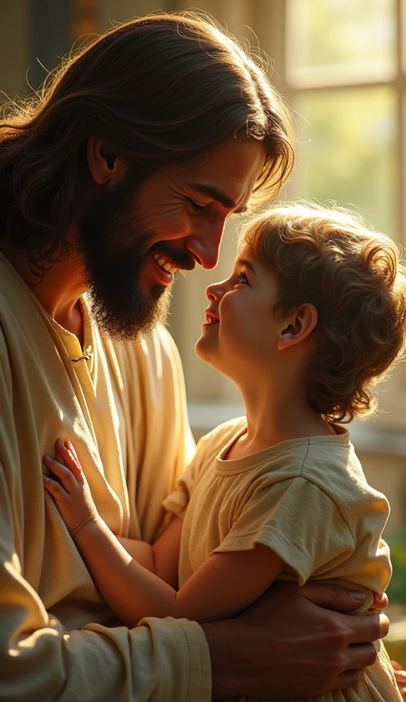 A realistic image of Jesus Christ with child smiling 