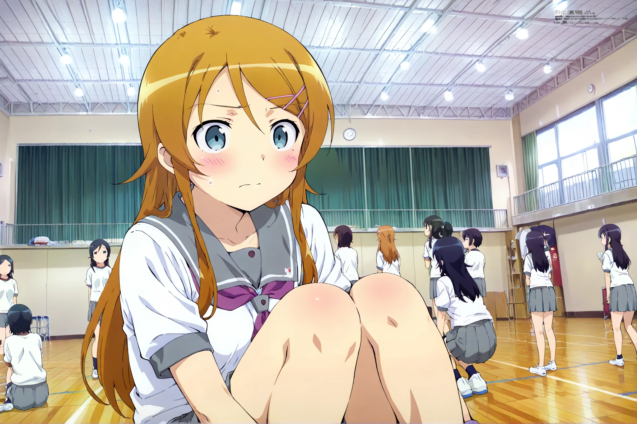 kousaka kirino,long hair, hairclip, school uniform, grey sailor collar, purple neckerchief, white shirt, short sleeves, pleated skirt, grey skirt,close up shot,,masterpiece,best quality,amazing quality,taiikukan, score_9, score_8_up, score_7_up, rating_safe, masterpiece, best quality, absurdres, unity 8k wallpaper, official art, official style, source_anime, uncensored, game cg, megami magazine,taiikukan, indoors, sportswear, multiple girls, indoors, photo background, shorts, 6+girls, ceiling light, black hair, ceiling, stage, wooden floor, gym uniform, sportswear,