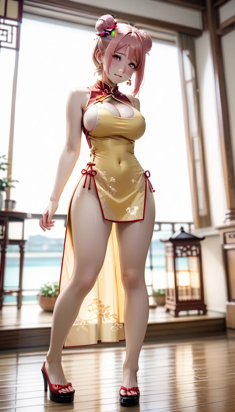 Create a hyper-realistic masterpiece, sexy realistic body, (Chun-Li), cinematic, photorealistic, photogenic, Goddess of beauty, she is adorable, has well-designed lips. She is known for her classic and graceful beauty, very pretty girl, extremely beautiful, defined body with sensual curves and thick legs. the iconic character from the sixth Street Fighter game. (Capture her dynamic fighting stance and powerful kicks with exquisite details, legs bared, showing her pert ass, Pussy showing). ((sexy qipao dress modified to show her legs and her transparent lace panties, erotic qipao dress, qipao micro swimsuit showing pussy, qipao showing pink lace micro panties, pink transparent thong panties showing pussy, pussy sticking out of qipao)) , (impressive cleavage showing huge breasts, big natural breasts, pointy, big full breasts, hot erotic chun-li). The image must be in high definition (hard drive) and rendered in stunning 8K resolution, showing all the intricate features and textures. (Pay attention to the details of Chun-Li's costume, including her traditional qipao dress and her unique ox horn hairstyle). Use dramatic lighting to increase the scene's cinematic intensity, emphasizing your strength and determination. This photographic request aims to immortalize Chun-Li as a true work of art, showing her beauty, her toned and sensual body, her grace and prowess in martial arts. Focus on the character, focus on every detail of the outfit.