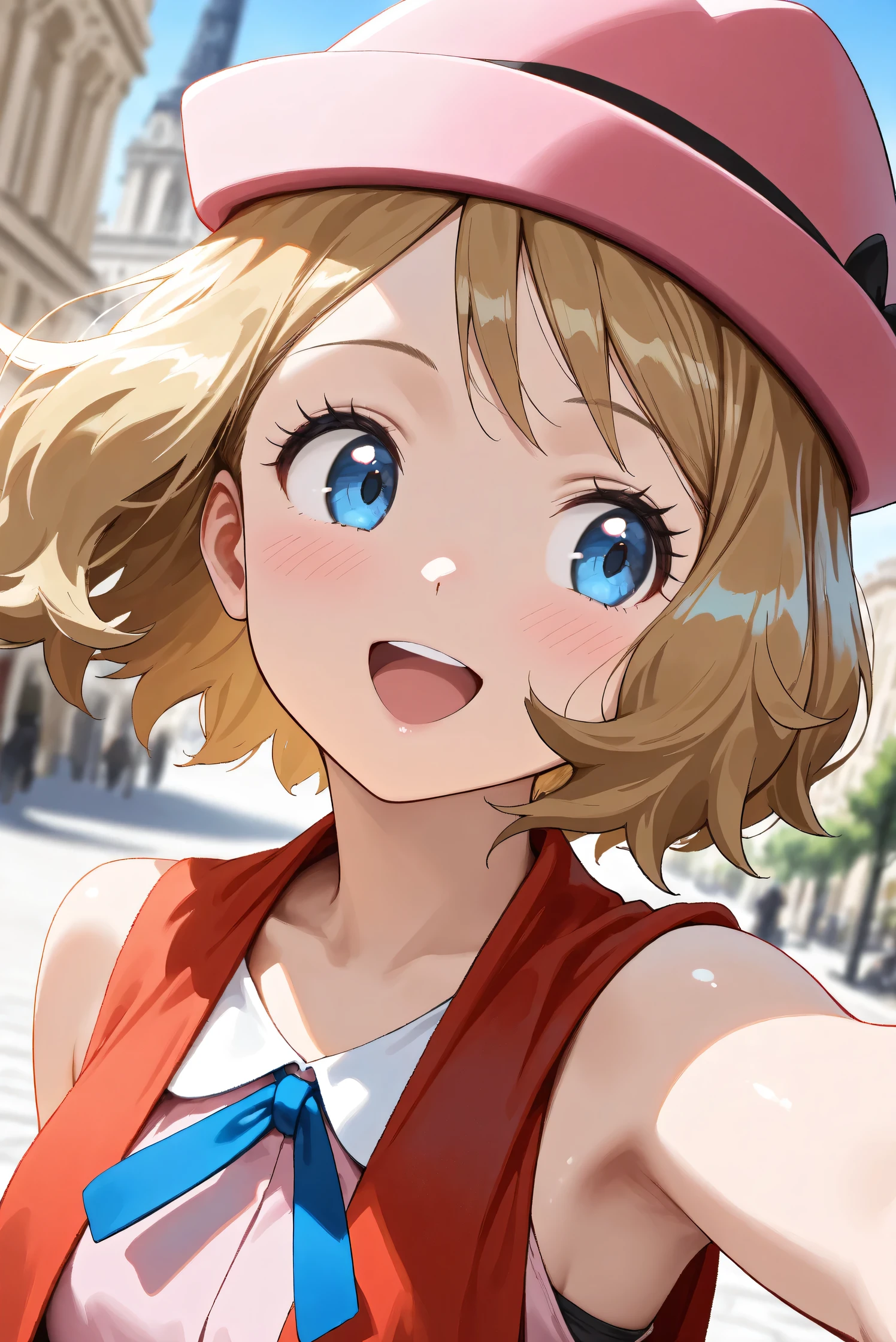 (Masterpiece), (Highest quality), (Very detailed), 
(The best shape), (Best Shadow), (Absurd), 
(Detailed background), (So beautiful), (Shiny), 
(Extraordinary), (Countershading), (8k), (32K), 
(High resolution), (Very Detailed CG), (UHD),

(Score_9), (Score_8_up), (Score_7_up), (Source_anime), 
(Pastel painting:1.2), (Watercolor painting:1.2),
(Masterpiece, Detailed:1.2), (Foreshortening:1.2),
(Anime style),

(Cinematic), (Dramatic), (Depth of field:1.4),
(Blurry background:1.4), (Realistic background:1.4),
(Dynamic angle), (1 girl),
(Outdoor), (Wind), (Paris),

(portrait), (Focus on face), (Close up shot),
(Blush:1.3), (Happy), (Smile), (open mouth),
(looking back),
(Shiny skin),

serena \(pokemon\), 1girl, blue eyes, eyelashes, short hair, blonde hair,

hat, neck ribbon, blue ribbon, pink shirt, sleeveless, bare arms, red jacket, pink skirt, 