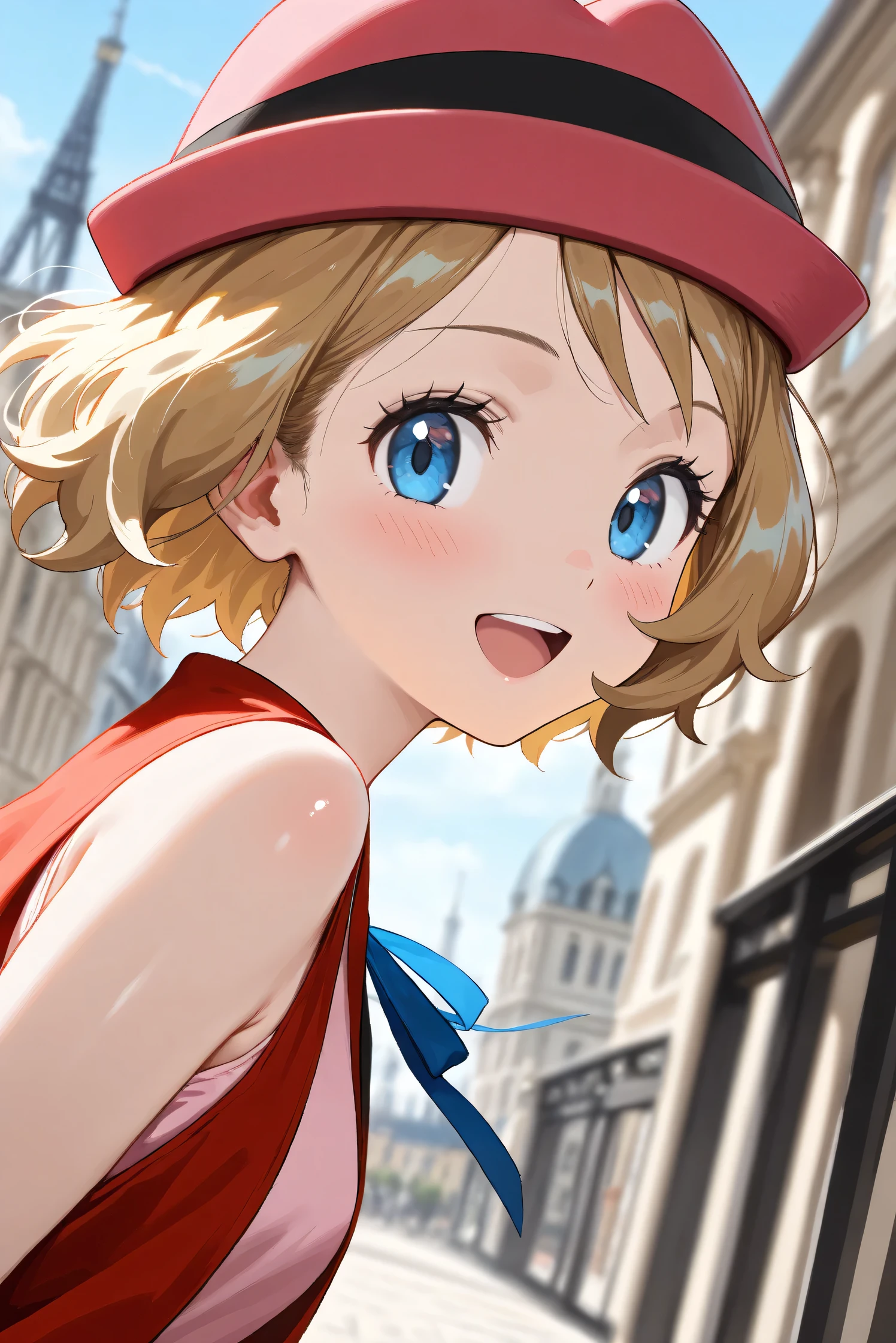 (Masterpiece), (Highest quality), (Very detailed),
(The best shape), (Best Shadow), (Absurd),
(Detailed background), (So beautiful), (Shiny),
(Extraordinary), (Countershading), (8k), (32K),
(High resolution), (Very Detailed CG), (UHD),
(Score_9), (Score_8_up), (Score_7_up), (Source_anime),
(Pastel painting:1.2), (Watercolor painting:1.2),
(Masterpiece, Detailed:1.2), (Foreshortening:1.2),
(Anime style),
(Cinematic), (Dramatic), (Depth of field:1.4),
(Blurry background:1.4), (Realistic background:1.4),
(Dynamic angle), (1 girl),
(Outdoor), (Wind), (Paris),
(portrait), (Focus on face), (Close up shot),
(Blush:1.3), (Happy), (Smile), (open mouth),
(looking back),
(Shiny skin),
serena \(pokemon\), 1girl, blue eyes, eyelashes, short hair, blonde hair,
hat, neck ribbon, blue ribbon, pink shirt, sleeveless, bare arms, red jacket, pink skirt,