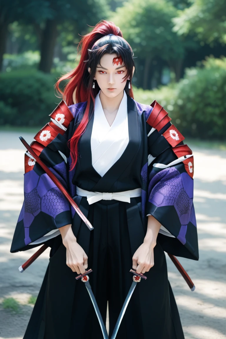 ((TAKASUGI SHINKAKU_FATE GRAND ORDER)),((realistic, photorealistic)),(highlight hair)), Light reflection, (( HD )),((upper body)), (((best quality, masterpiece))), (masterpiece) (best quality) (detail) (8k) (HDR) (wallpaper) (cinematic lighting) (sharp focuasterpiece, best quality: 1.1), Real life adaption of this character, Shining green eyes, realistic outfit, realistic shadow, realistic light, realism, hyper realistic, realistic background,Realistic hair, realistic hair at the back,(photorealistic:1.2),(masterpiece:1.2, best quality), (ultra-detailed), (illustration), (ultra highres), (delicate illustration), (hyper-detailed), (super detail:1.3), professional lighting, cinematic lighting, (nostalgia and peacefulness:1.3), professional (landscape painting) of nature, best quality,masterpiece,high quality,real,realistic,super detailed,full detail,8K,1man,Red hair,Dusk, twilight sky, bloodstains in the foreground,Bloodstains on clothes