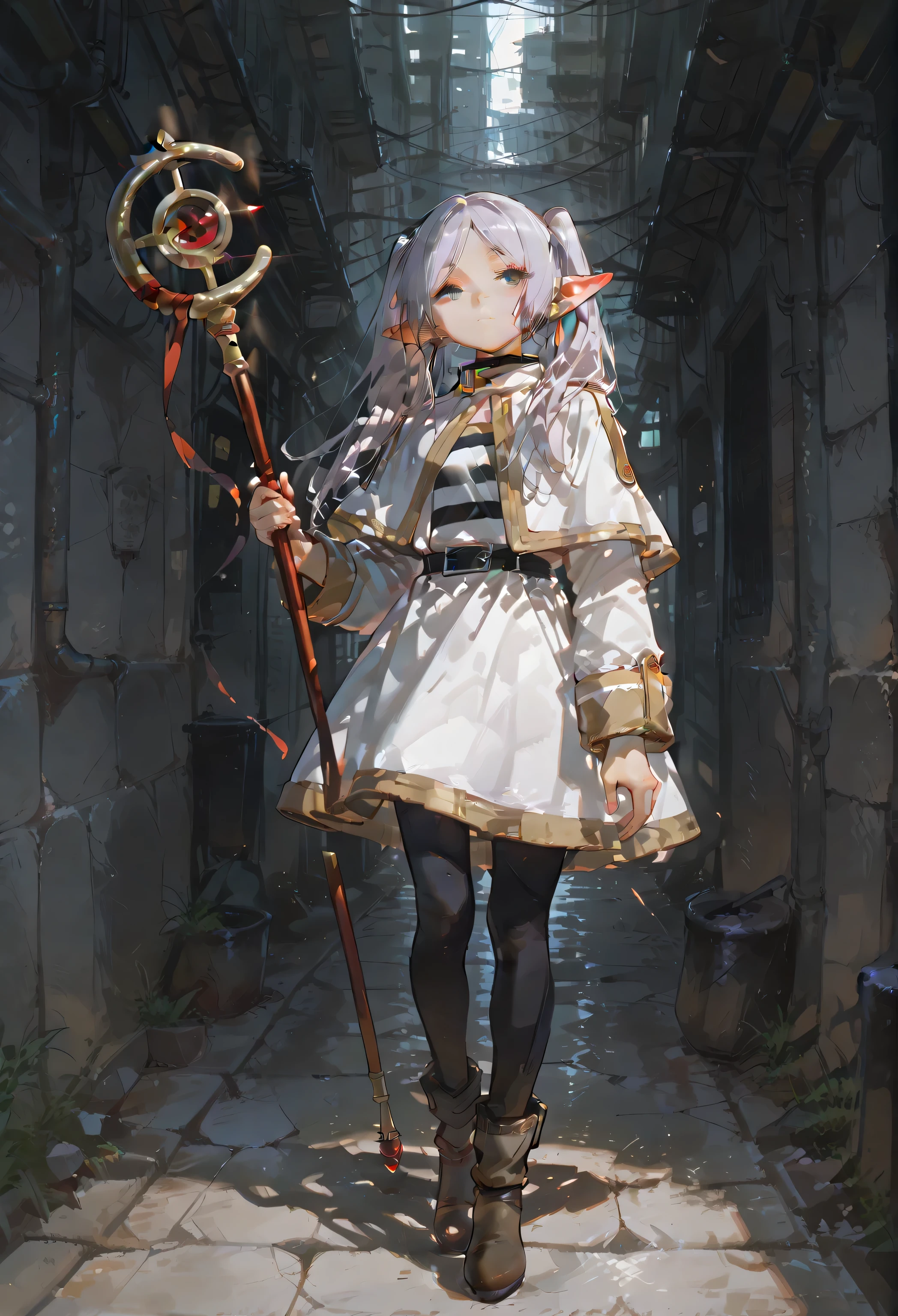 Frieren standing in a narrow, modern alleyway in a realistic urban setting. She holds a sleek metallic magic staff in one hand, standing with quiet confidence. Her full body is clearly visible in the frame — the camera is close enough to capture every detail of her expression, outfit, and posture, yet wide enough to show her complete form. The alley is clean and grounded, with soft natural lighting and realistic shadows cast on the concrete walls. Subtle ambient light reflects gently off surfaces, enhancing the depth and texture of the scene. Her face is calm and composed, with a faint, serious expression. The composition is cinematic, with ultra-sharp focus, 8K resolution, photorealistic detail, high dynamic range lighting, realistic textures, and perfect exposure.