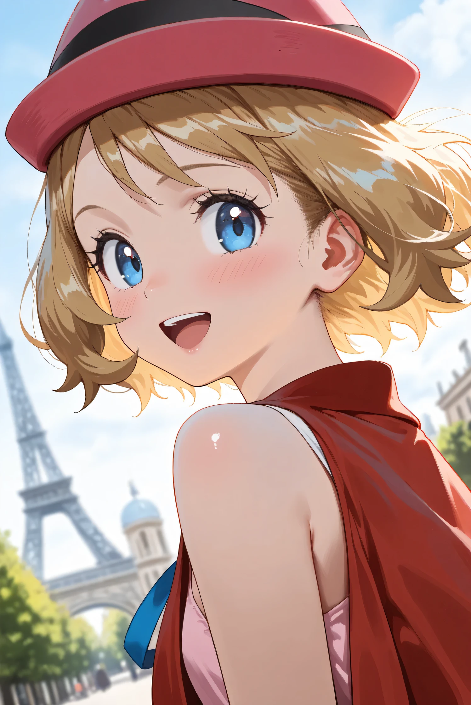 (Masterpiece), (Highest quality), (Very detailed),
(The best shape), (Best Shadow), (Absurd),
(Detailed background), (So beautiful), (Shiny),
(Extraordinary), (Countershading), (8k), (32K),
(High resolution), (Very Detailed CG), (UHD),
(Score_9), (Score_8_up), (Score_7_up), (Source_anime),
(Pastel painting:1.2), (Watercolor painting:1.2),
(Masterpiece, Detailed:1.2), (Foreshortening:1.2),
(Anime style),
(Cinematic), (Dramatic), (Depth of field:1.4),
(Blurry background:1.4), (Realistic background:1.4),
(Dynamic angle), (1 girl),
(Outdoor), (Wind), (Paris),
(portrait), (Focus on face), (Close up shot),
(Blush:1.3), (Happy), (Smile), (open mouth),
(looking back),
(Shiny skin),
serena \(pokemon\), 1girl, blue eyes, eyelashes, short hair, blonde hair,
hat, neck ribbon, blue ribbon, pink shirt, sleeveless, bare arms, red jacket, pink skirt,