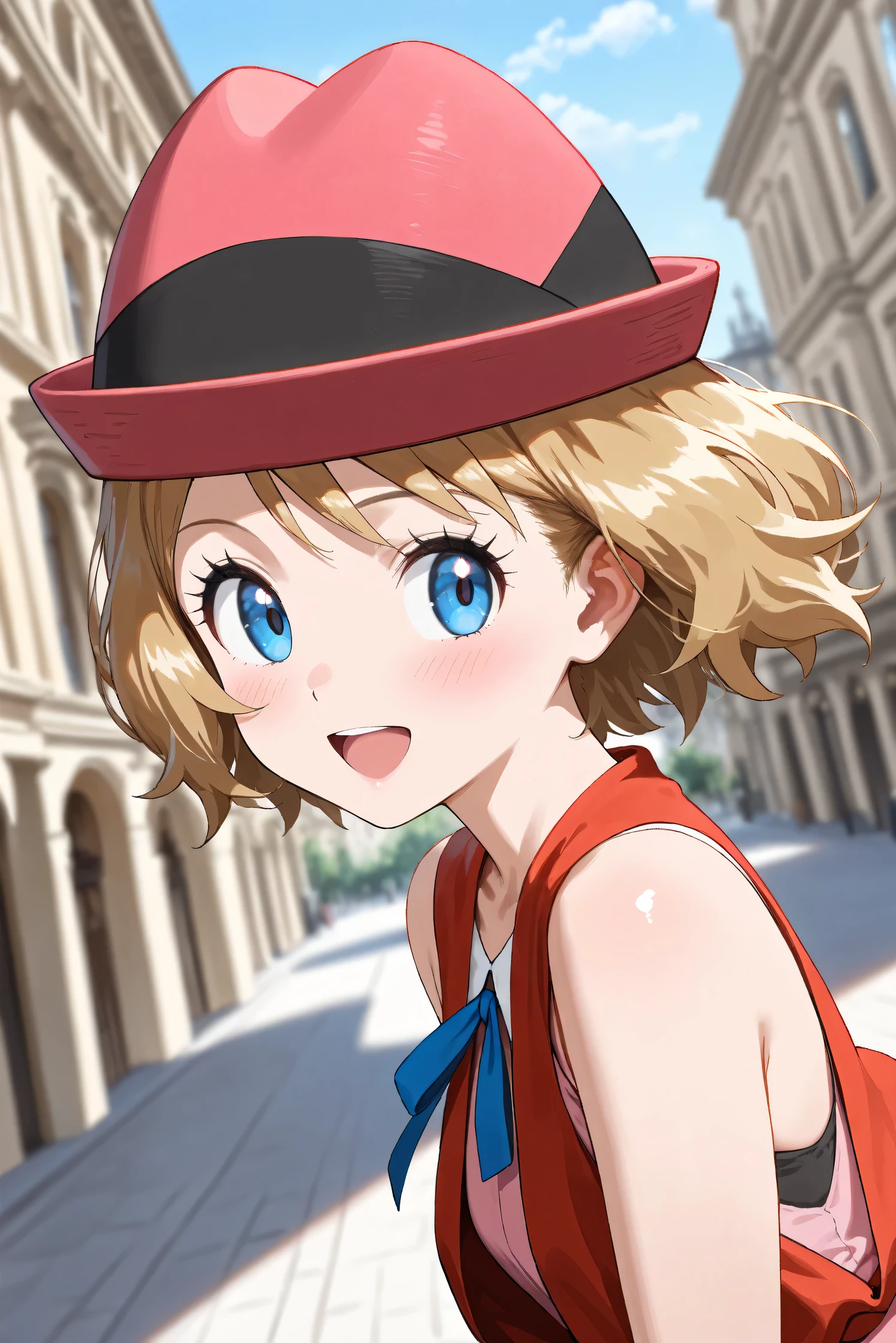 (Masterpiece), (Highest quality), (Very detailed),
(The best shape), (Best Shadow), (Absurd),
(Detailed background), (So beautiful), (Shiny),
(Extraordinary), (Countershading), (8k), (32K),
(High resolution), (Very Detailed CG), (UHD),
(Score_9), (Score_8_up), (Score_7_up), (Source_anime),
(Pastel painting:1.2), (Watercolor painting:1.2),
(Masterpiece, Detailed:1.2), (Foreshortening:1.2),
(Anime style),
(Cinematic), (Dramatic), (Depth of field:1.4),
(Blurry background:1.4), (Realistic background:1.4),
(Dynamic angle), (1 girl),
(Outdoor), (Wind), (Paris),
(portrait), (Focus on face), (Close up shot),
(Blush:1.3), (Happy), (Smile), (open mouth),
(looking back),
(Shiny skin),
serena \(pokemon\), 1girl, blue eyes, eyelashes, short hair, blonde hair,
hat, neck ribbon, blue ribbon, pink shirt, sleeveless, bare arms, red jacket, pink skirt,