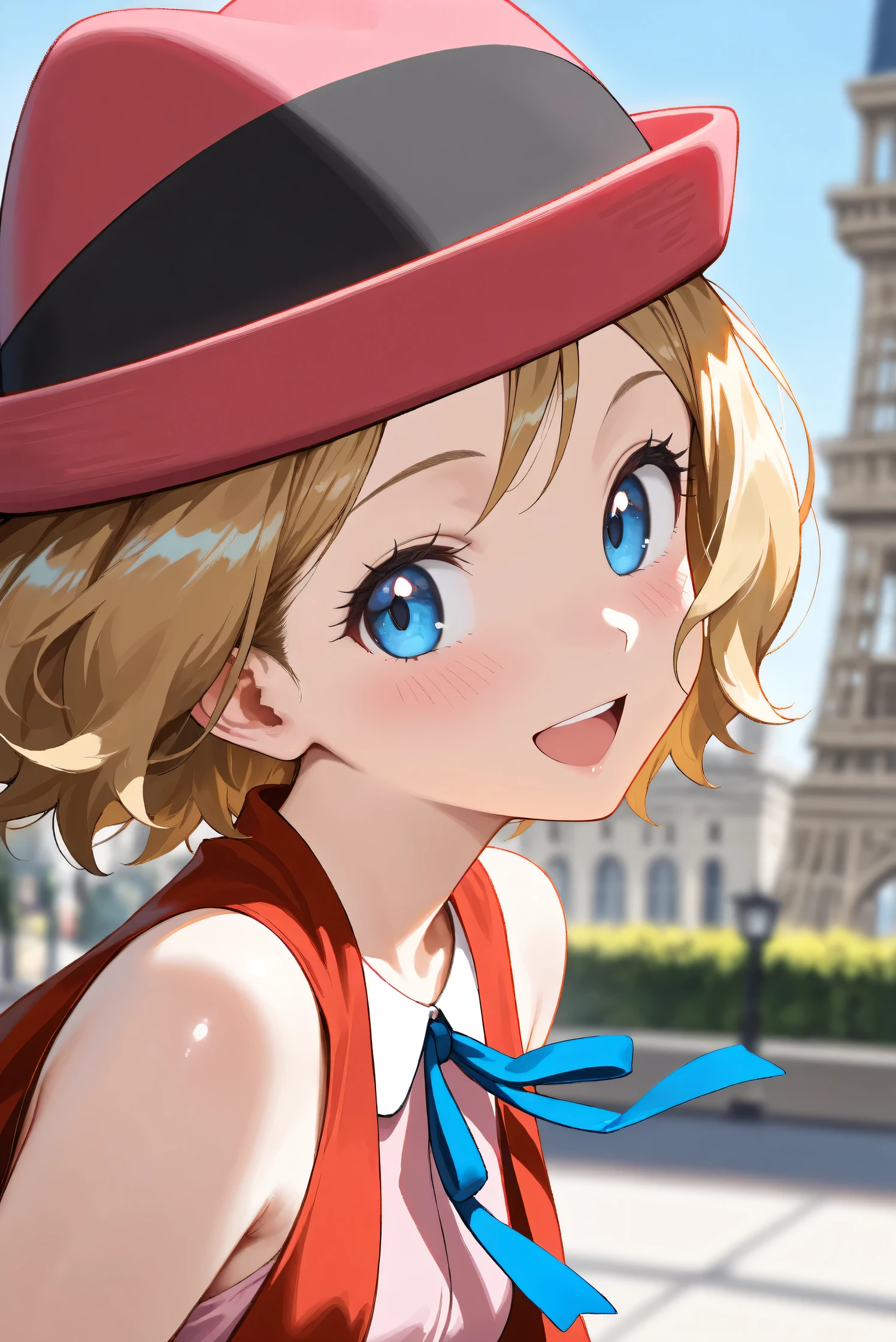 (Masterpiece), (Highest quality), (Very detailed),
(The best shape), (Best Shadow), (Absurd),
(Detailed background), (So beautiful), (Shiny),
(Extraordinary), (Countershading), (8k), (32K),
(High resolution), (Very Detailed CG), (UHD),
(Score_9), (Score_8_up), (Score_7_up), (Source_anime),
(Pastel painting:1.2), (Watercolor painting:1.2),
(Masterpiece, Detailed:1.2), (Foreshortening:1.2),
(Anime style),
(Cinematic), (Dramatic), (Depth of field:1.4),
(Blurry background:1.4), (Realistic background:1.4),
(Dynamic angle), (1 girl),
(Outdoor), (Wind), (Paris),
(portrait), (Focus on face), (Close up shot),
(Blush:1.3), (Happy), (Smile), (open mouth),
(looking back),
(Shiny skin),
serena \(pokemon\), 1girl, blue eyes, eyelashes, short hair, blonde hair,
hat, neck ribbon, blue ribbon, pink shirt, sleeveless, bare arms, red jacket, pink skirt,