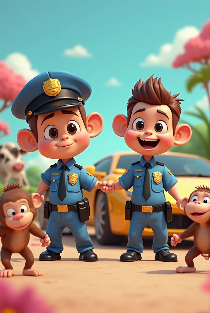 animal, letterboxed, police, hat, multiple_boys, uniform, hamster, food, police_uniform, blurry, 2boys, no_humans, bucket, mouse